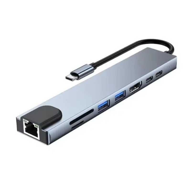 Fast Charge USB-C 8-in-1 Hub Adapter — SD/TF Card Reader, RJ45, PD for MacBook &