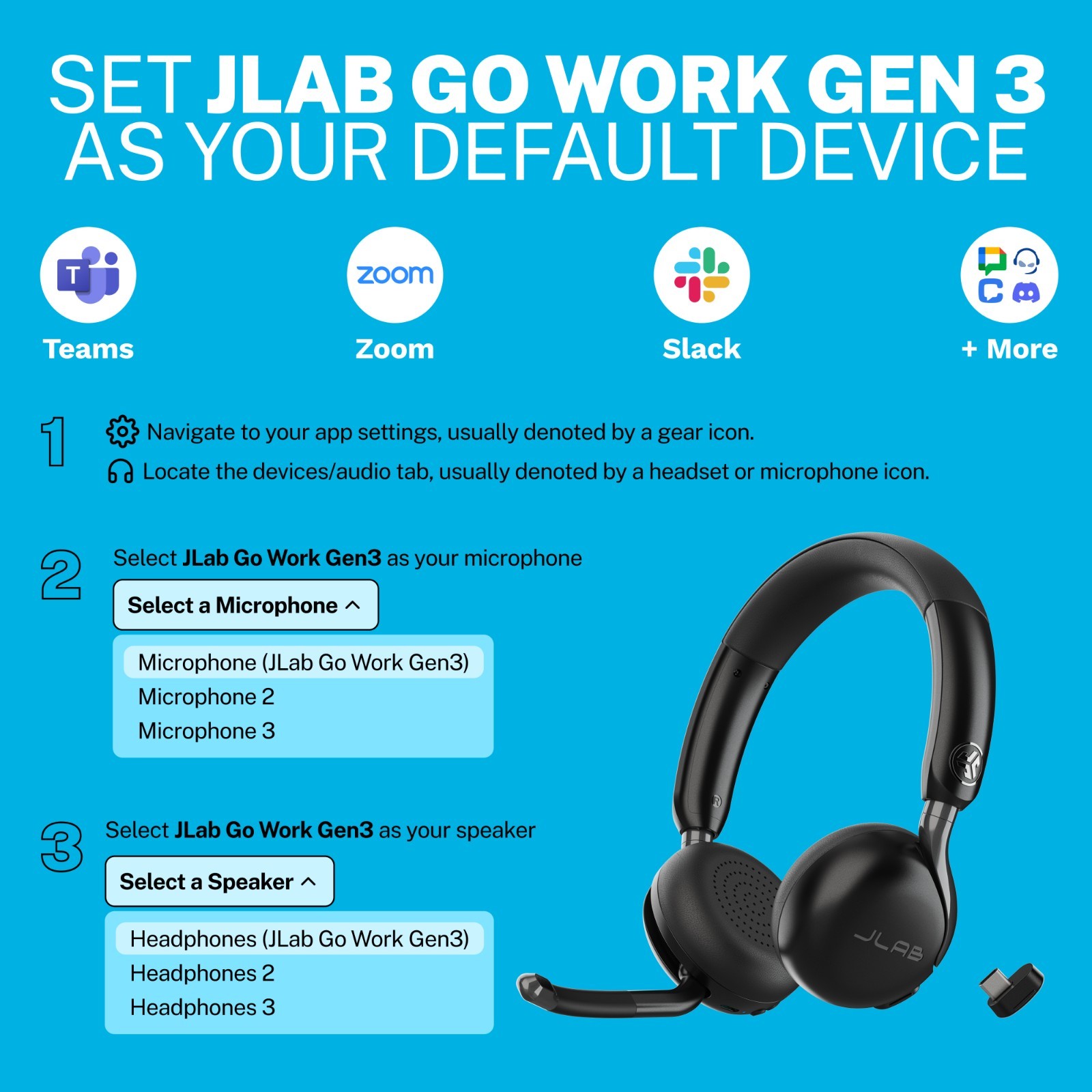 JLab GO Work 3 Wireless On-Ear Headset, Boom Mic, USB Dongle Connection