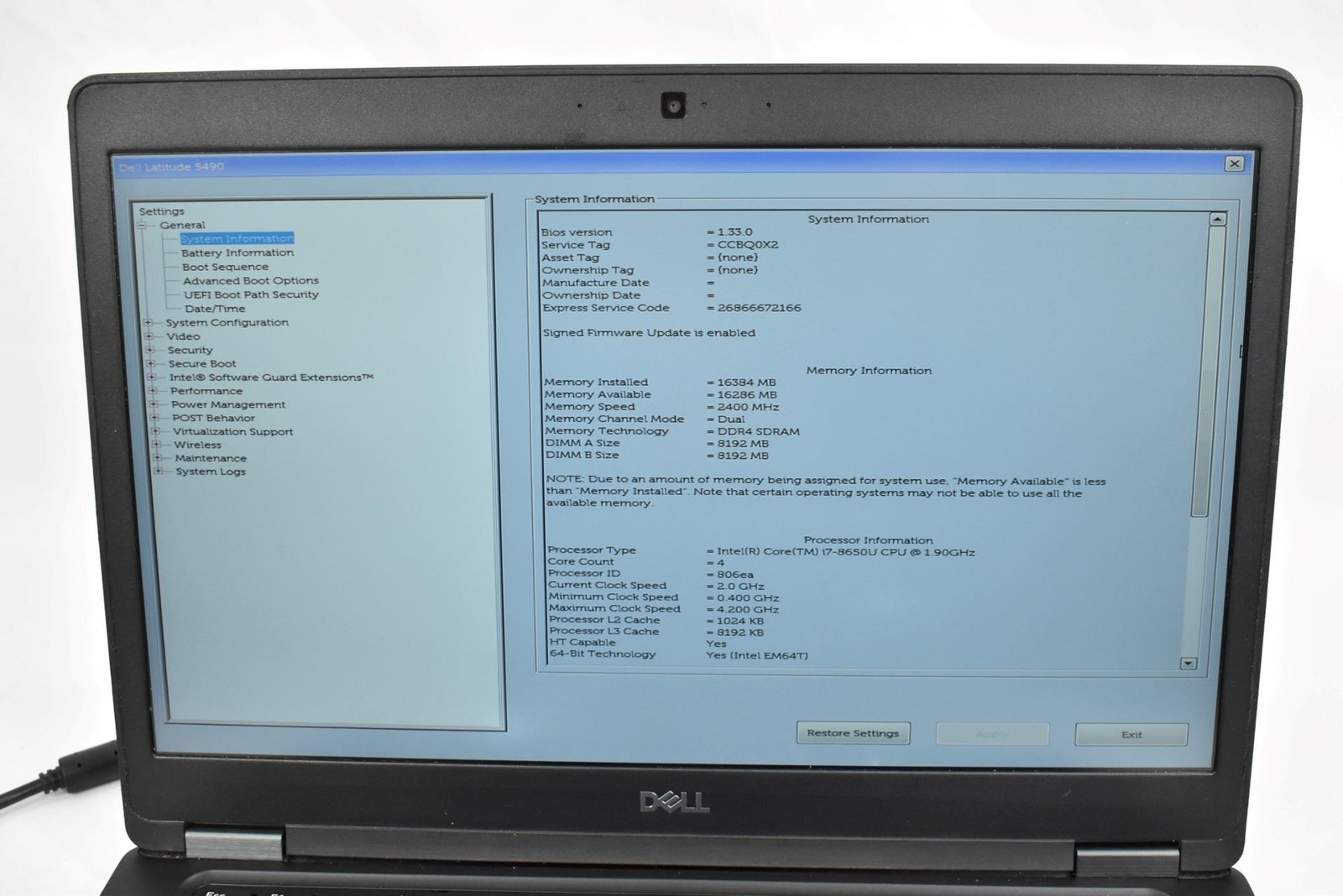 Dell Latitude 5490 Laptop i7-8650U 1.9GHz 16GB 256GB SSD No OS 14″ *See Detail