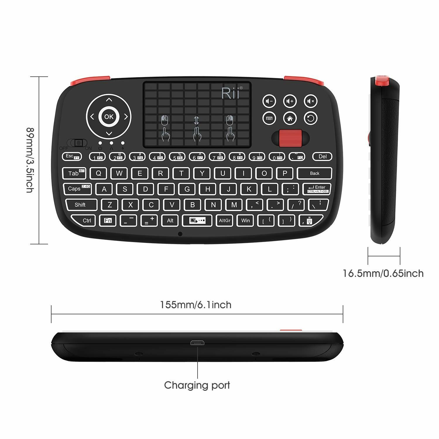 Rii i4 (Bluetooth + 2.4GHz) Blacklit Portable Mini Keyboard with Scroll wheel