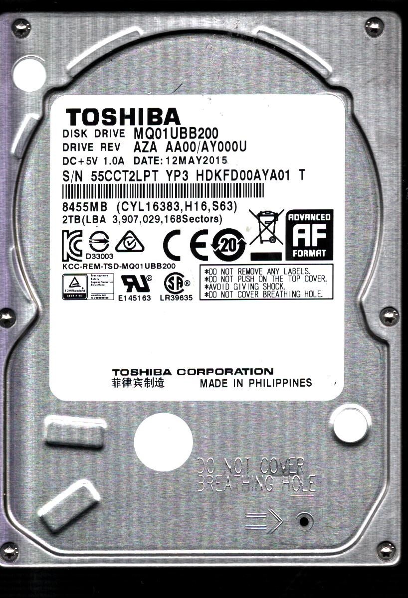 MQ01UBB200 HDKFD00AYA01 T REV: AZA AA00/AY000U 2TB MAY 2015 PHILIPPINES TOSHIBA