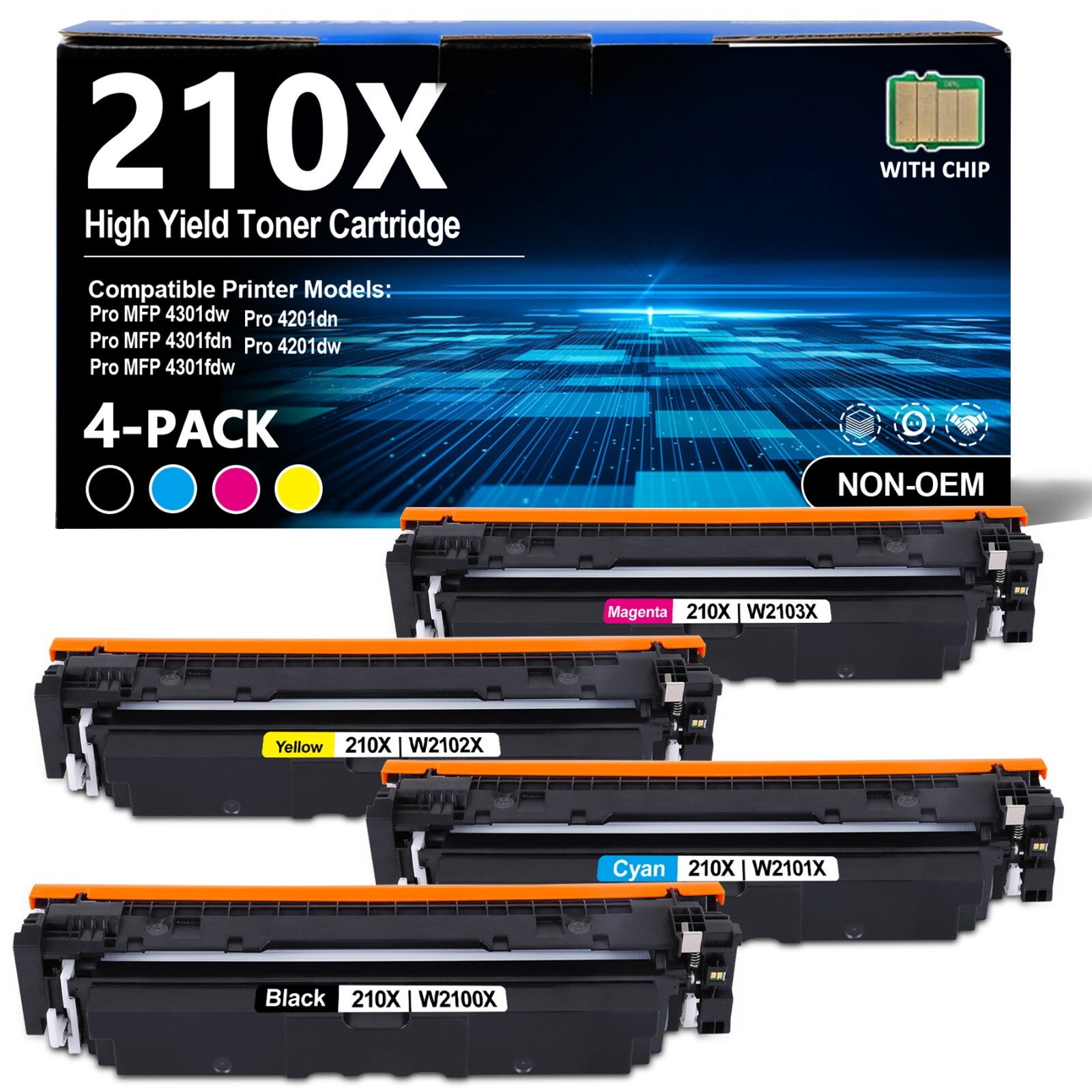 4-Pack 210X Toner (with Chip) W2100X for HP 210X LaserJet Pro 4201dn MFP 4301dw