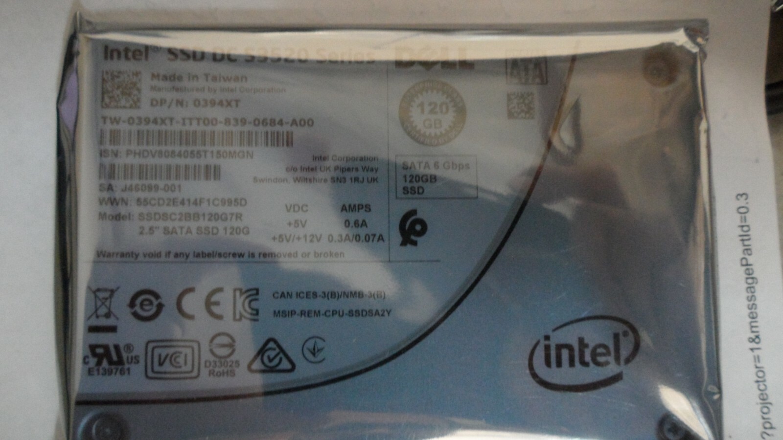 394XT 0394XT SSDSC2BB120G7R DELL 120GB 6G SFF 2.5” SATA SSD SOLID STATE DRIVE
