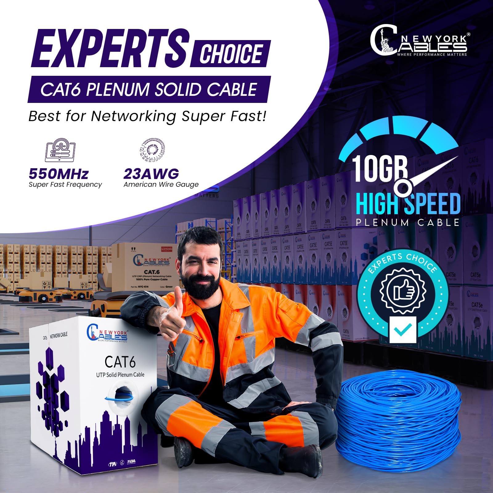 CAT6 Plenum Cable 1000ft | 23AWG, UTP 4Pairs, 550MHz 10Gbps Most Certified (CMP)