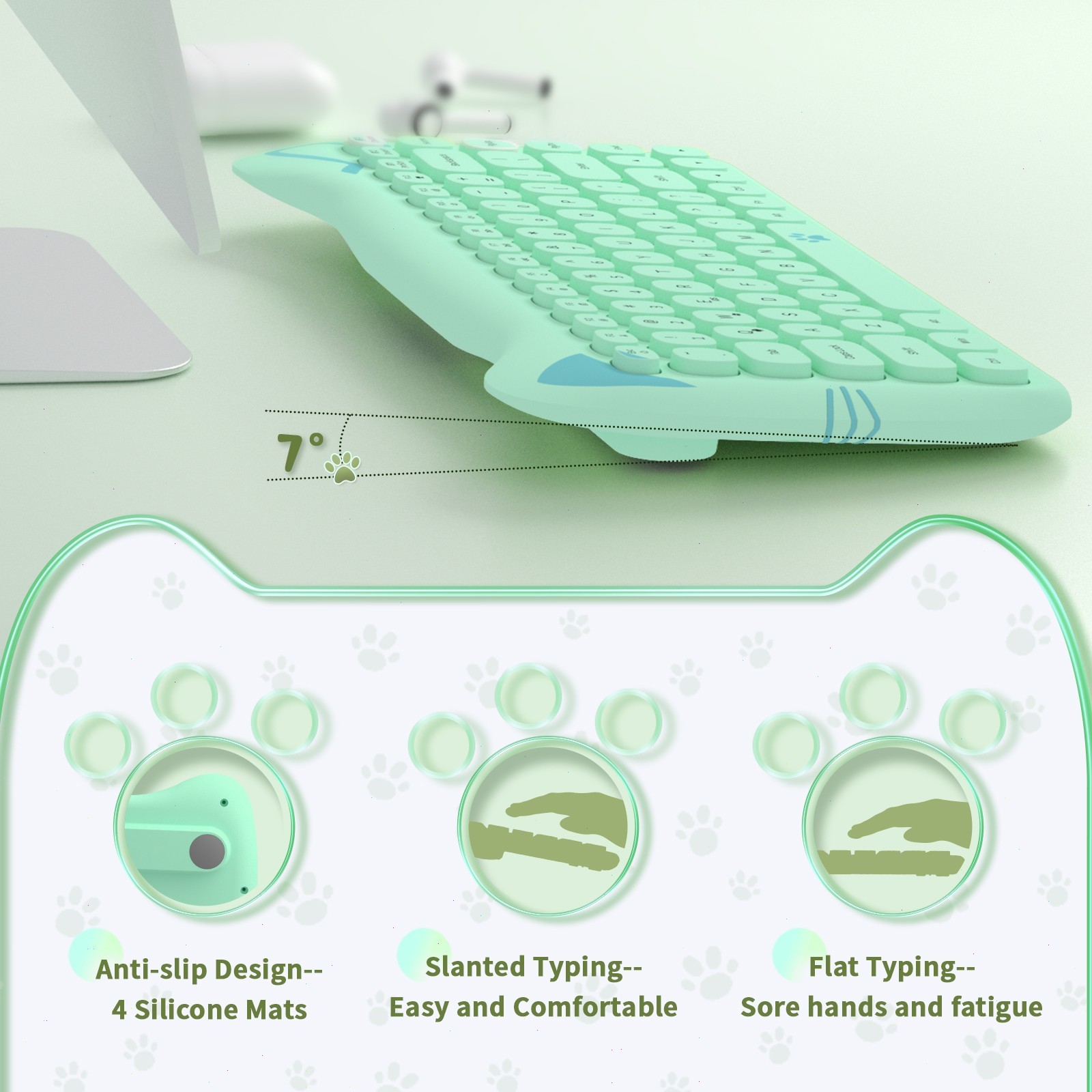 AJAZZ 3060i Cute Cat Ear Wireless Keyboard 84 Keys Silent Round Retro For PC Mac