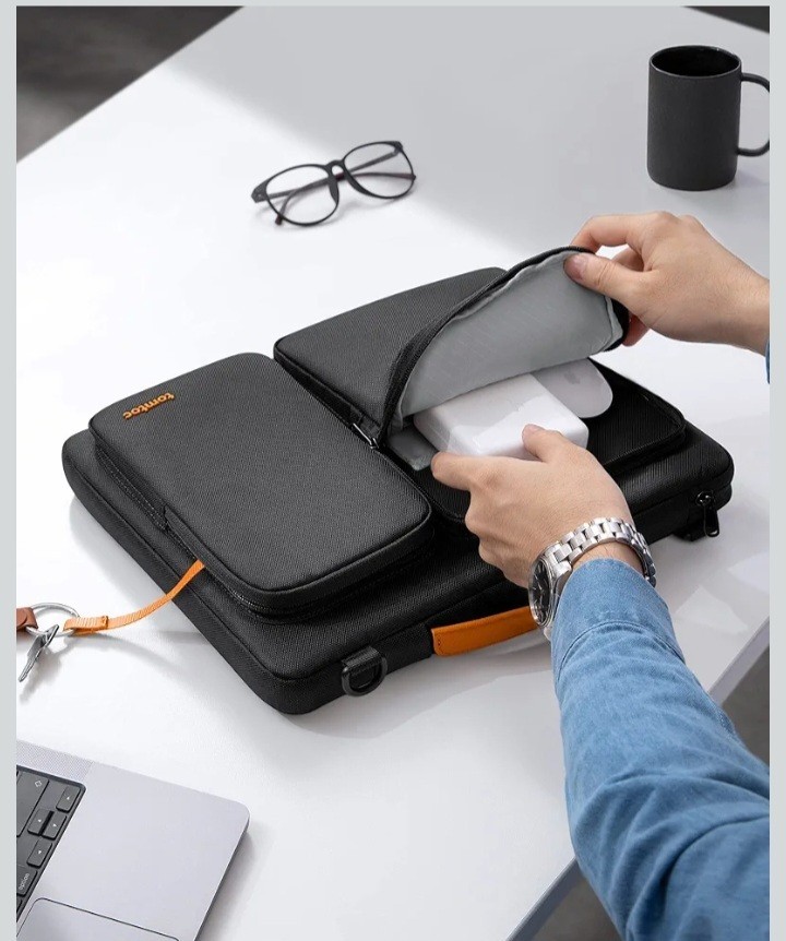 tomtoc 13in Laptop Shoulder Messenger Bag Water-Resistant Black/Orange