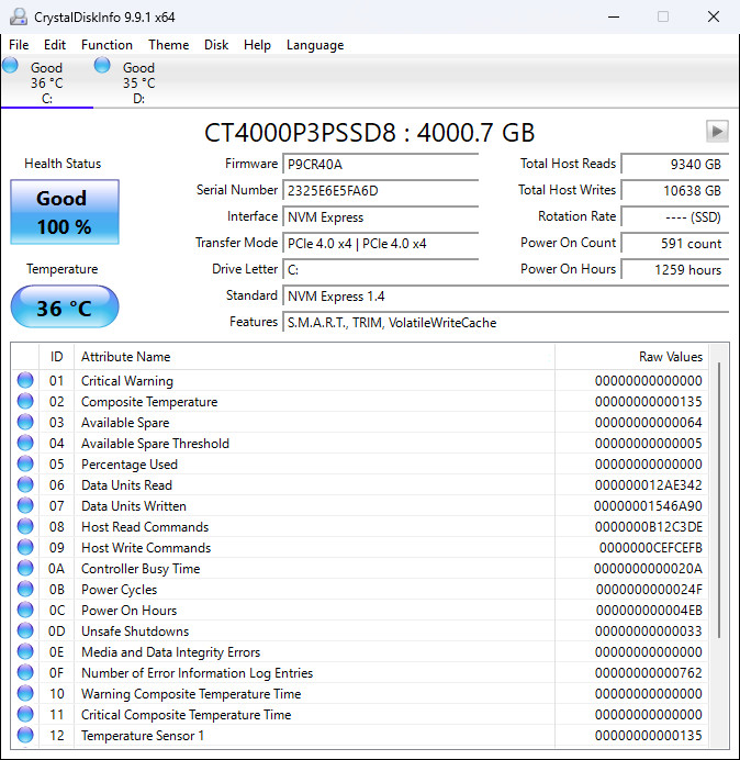 Crucial P3 Plus 4TB M.2 NVMe Gen 4.0 x 4 SSD CT4000P3PSSD8 | 100% HEALTH