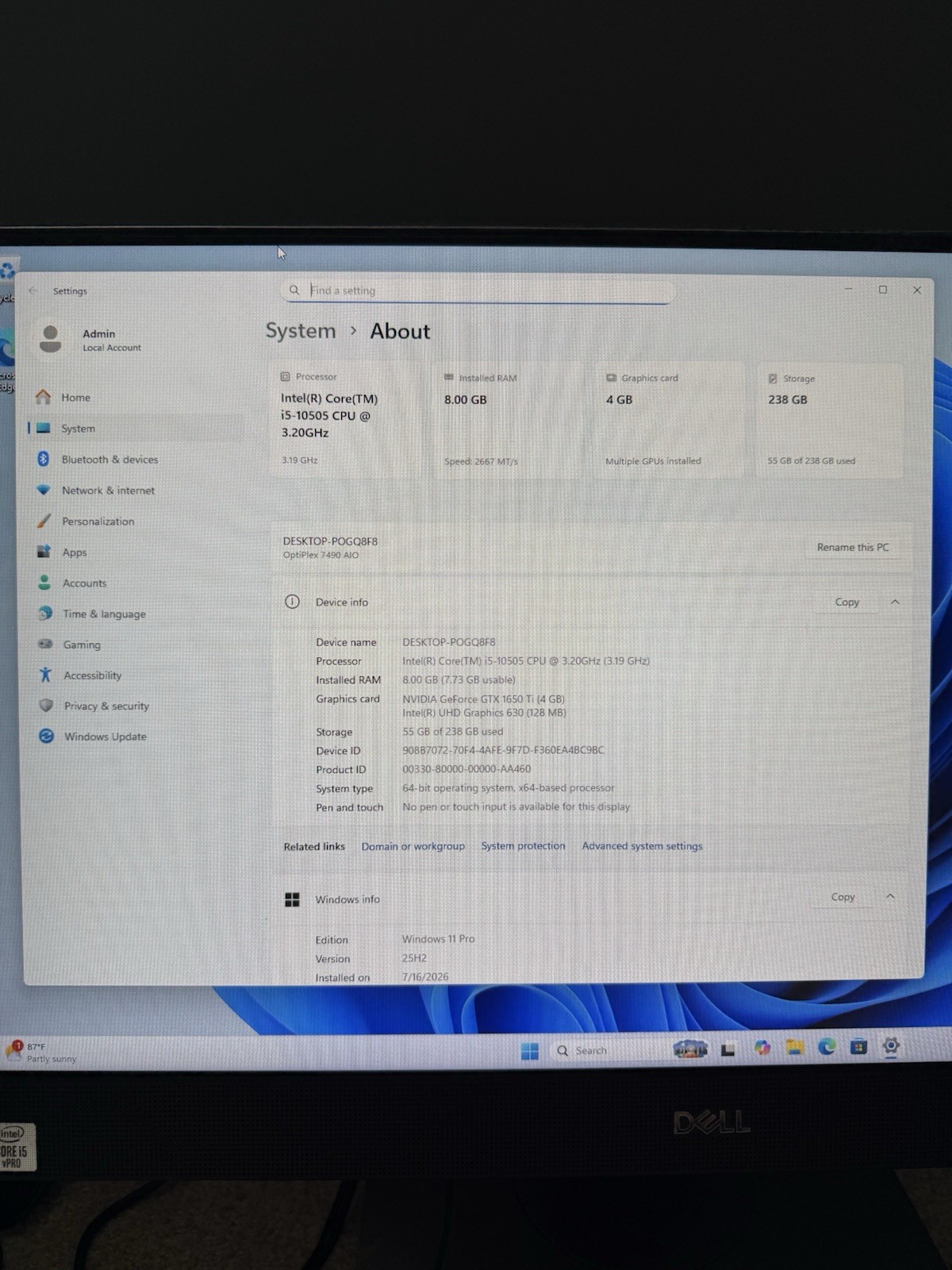 Dell OptiPlex 7490 AIO 24″ i5-10505 | 8GB RAM | 256GB NVMe | Win11P | Warranty
