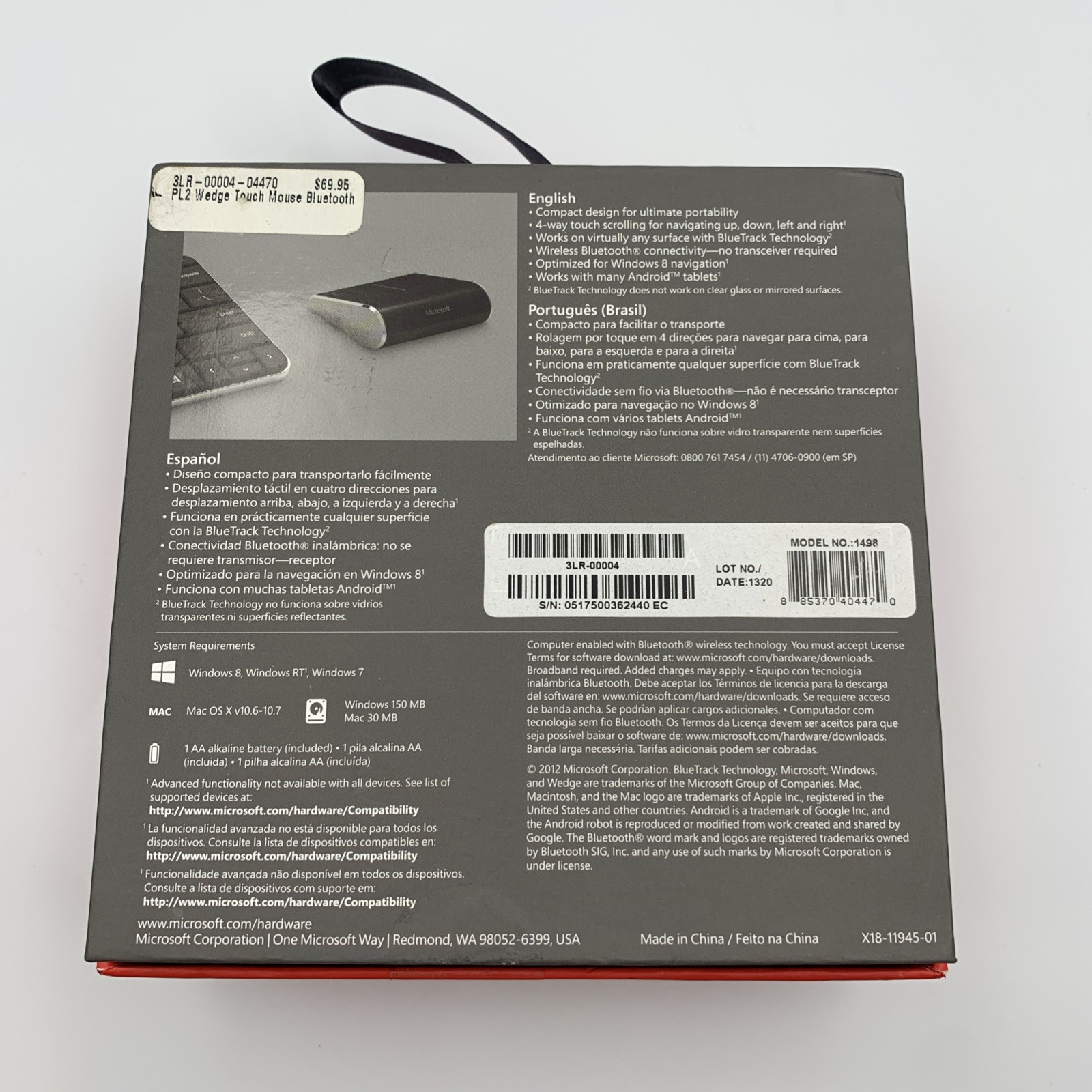 Microsoft Wedge Touch Mouse Bluetooth Wireless BlueTrack Portable Compact Black