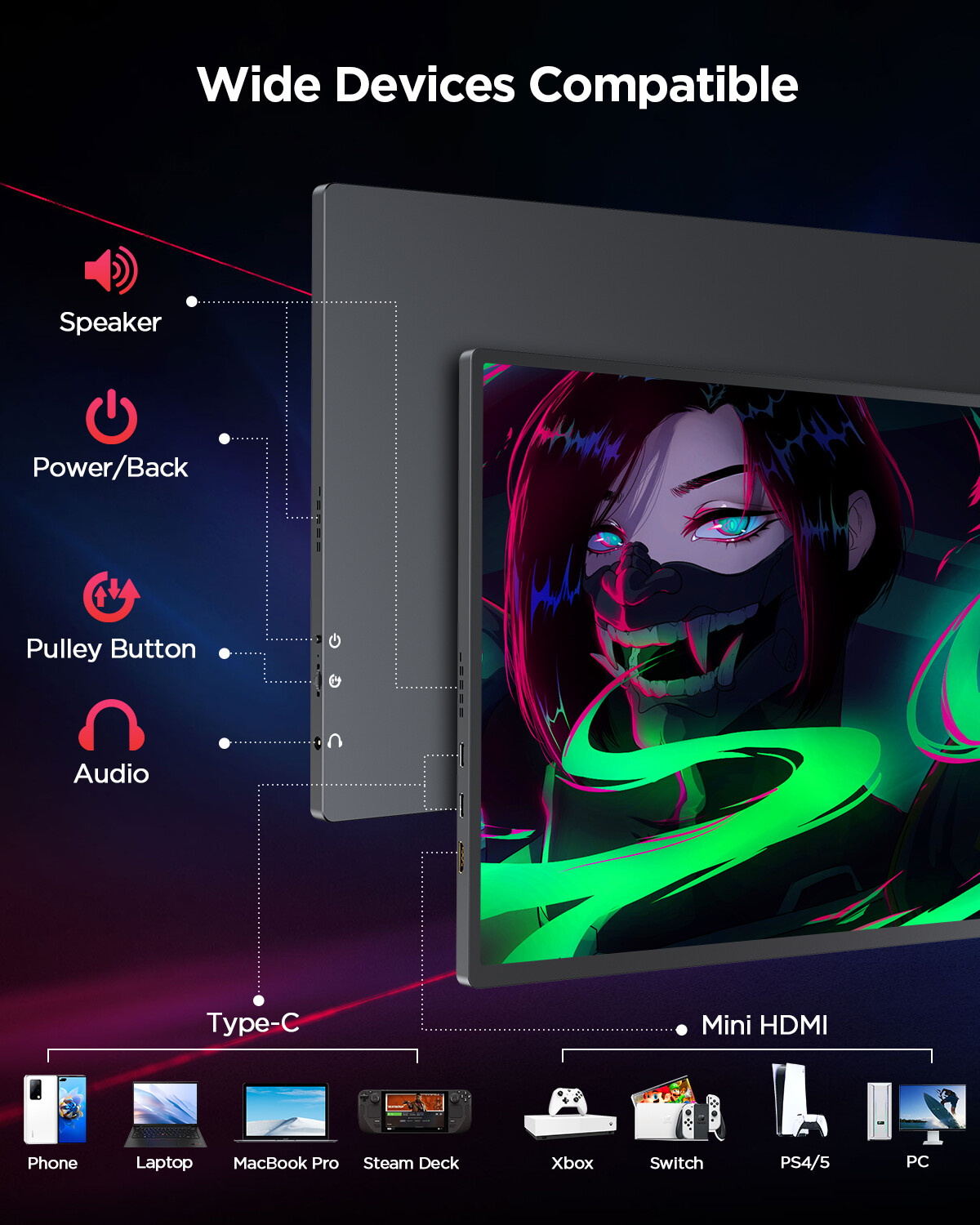 Used | 120Hz Gaming Monitor 16″ 2K 2560×1600 16:10 Portable Monitor for Laptop