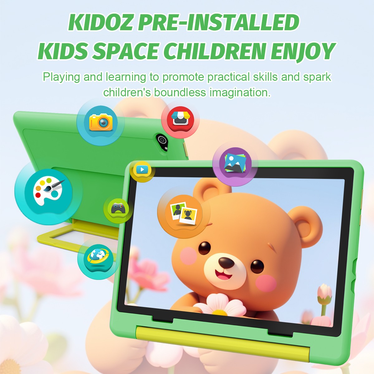 Kids Tablet 10″,Android 15 Tablet for Kids,Octa Core 20GB+64GB Shockproof Green