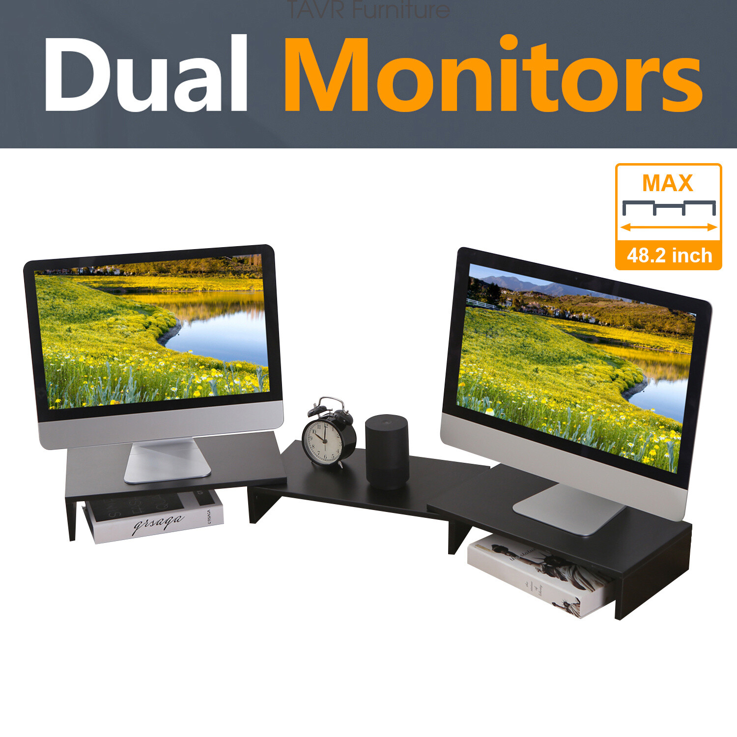 Wood Dual Monitor Stand Risers with Length and Angle Adjustable 3 Shelf
