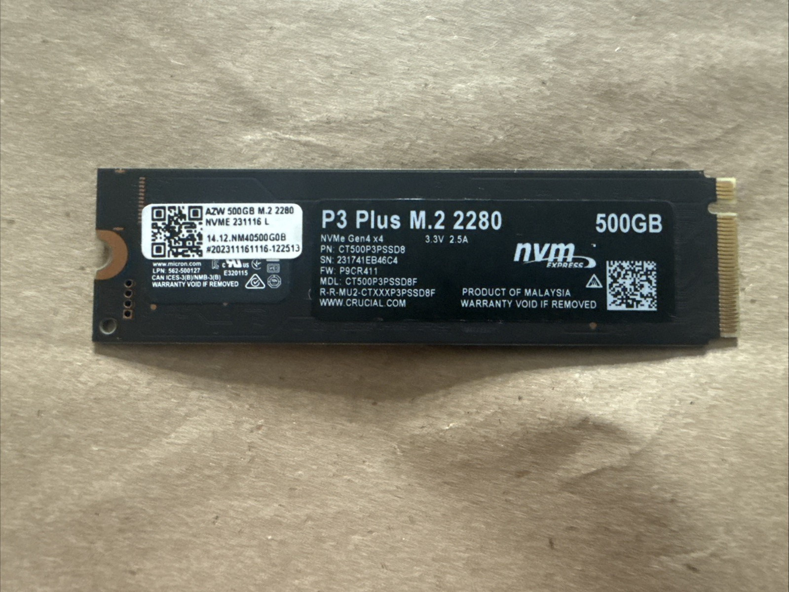 Crucial P3 Plus 500GB M.2 NVMe Gen 4.0 x 4 SSD 2280mm Micron CT500P3PSSD8