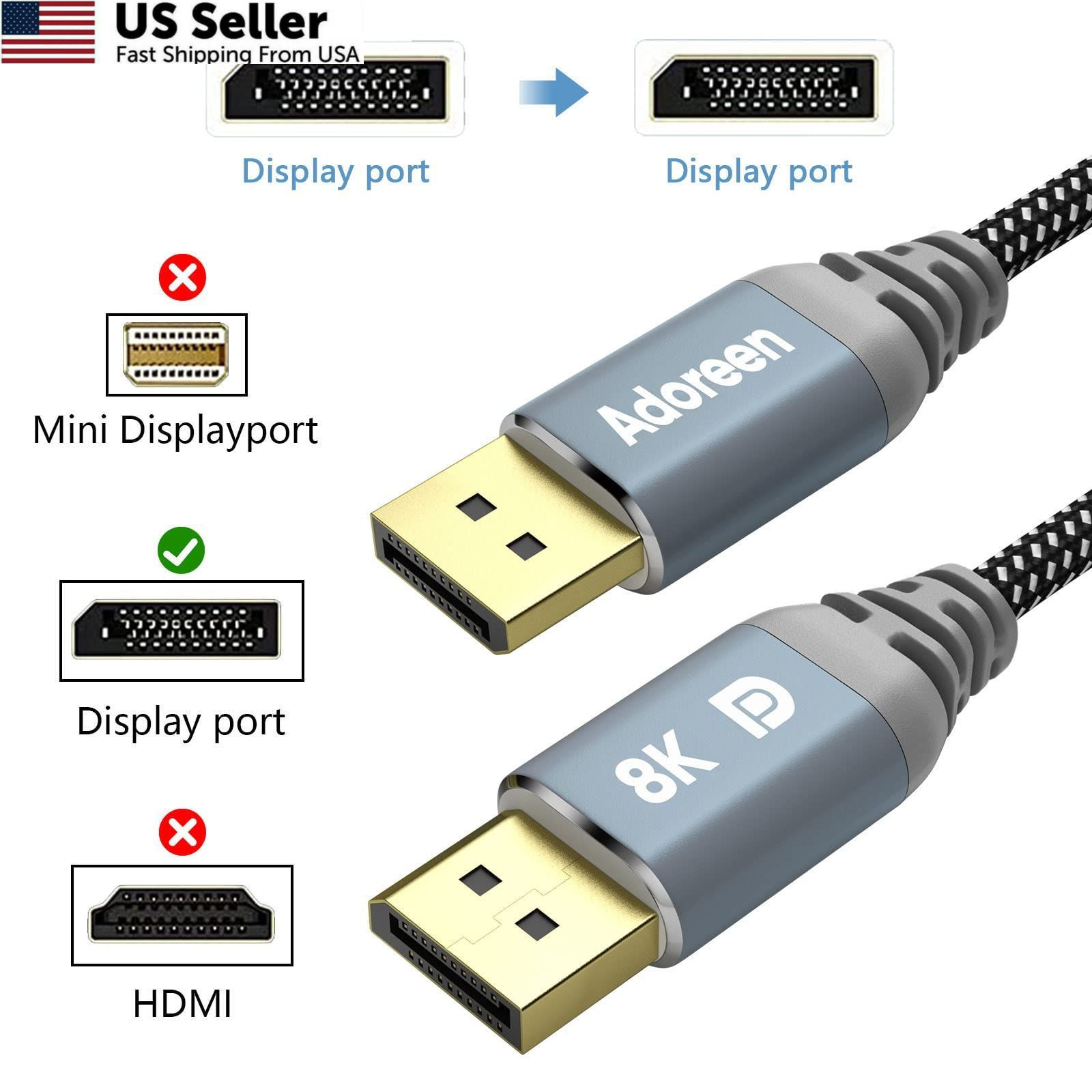 8K DisplayPort 1.4 Cable 10 Feet/2 Pack,Adoreen DP 10FT-2PK,