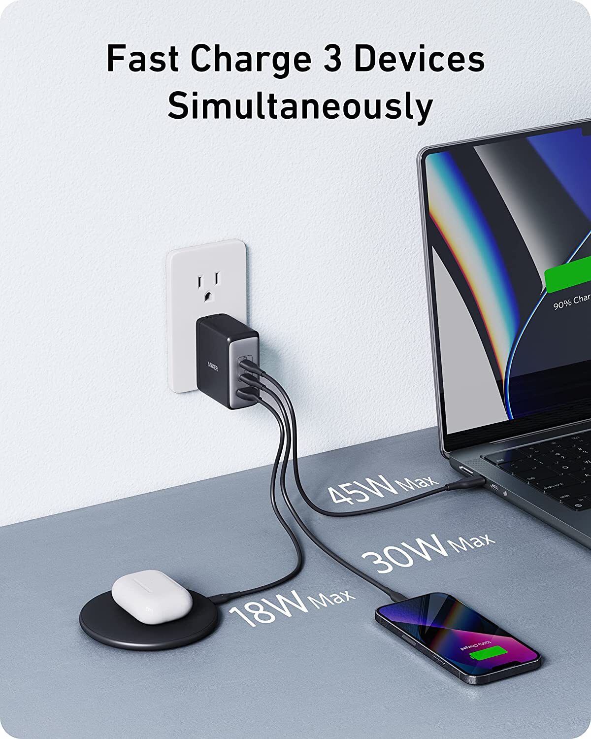 Anker Nano II 100W USB C Wall Charger 3-Port Adapter for MacBook/iPhone/Samsung