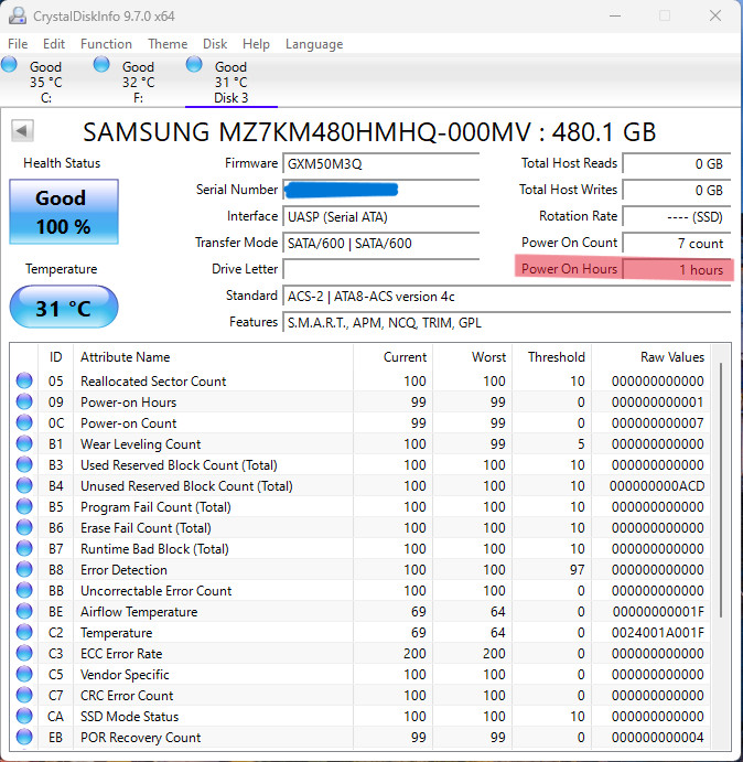 SAMSUNG PM863a 2.5″ 480GB SATA 6Gb/s SSD MZ-7LM480N Power on for 1 Hour only