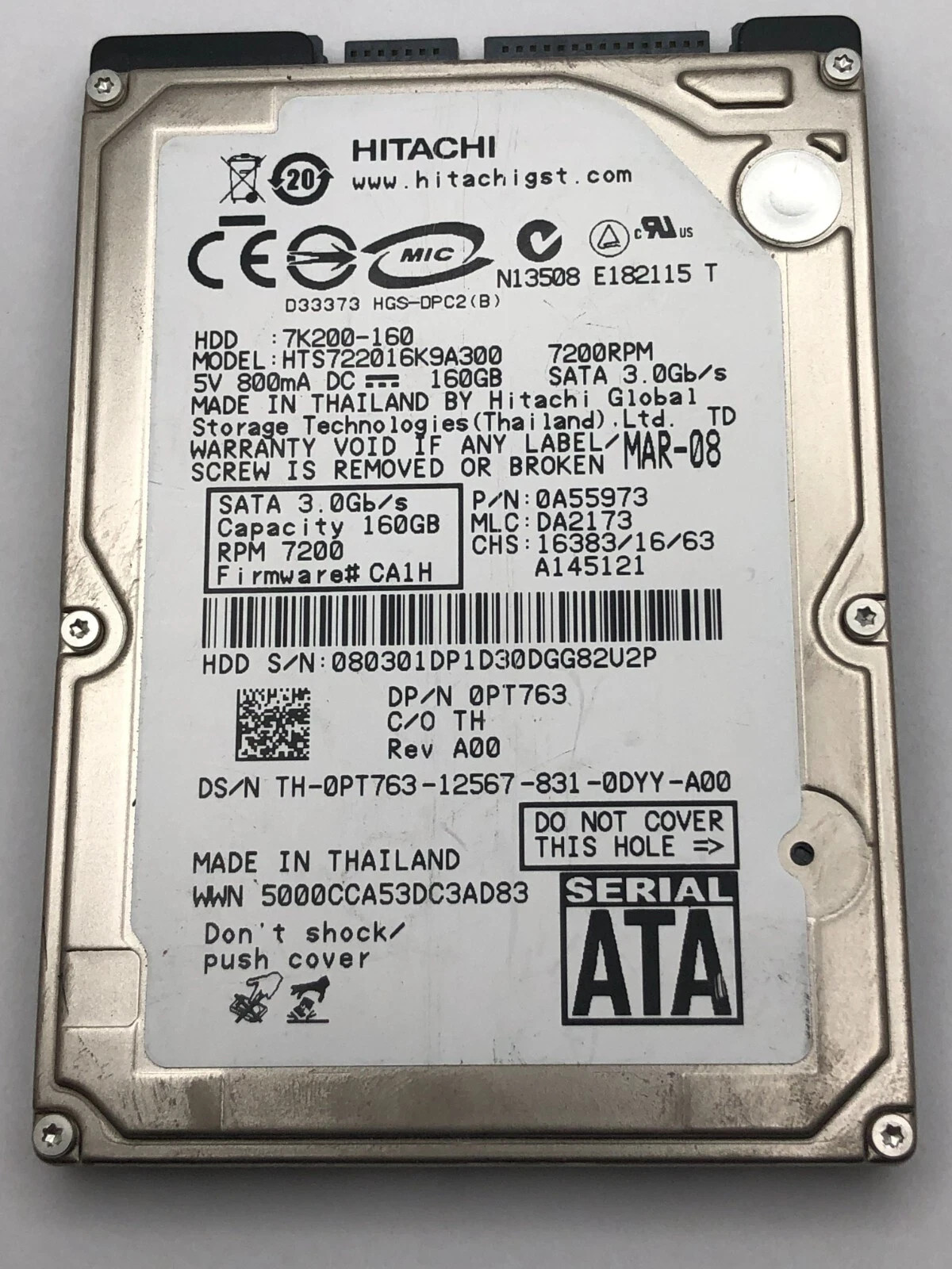 HITACHI 7K200-160 HTS722016K9A300 HDD HARD DRIVE 160GB 7200RPM SATA 3.0Gb/s 2.5″
