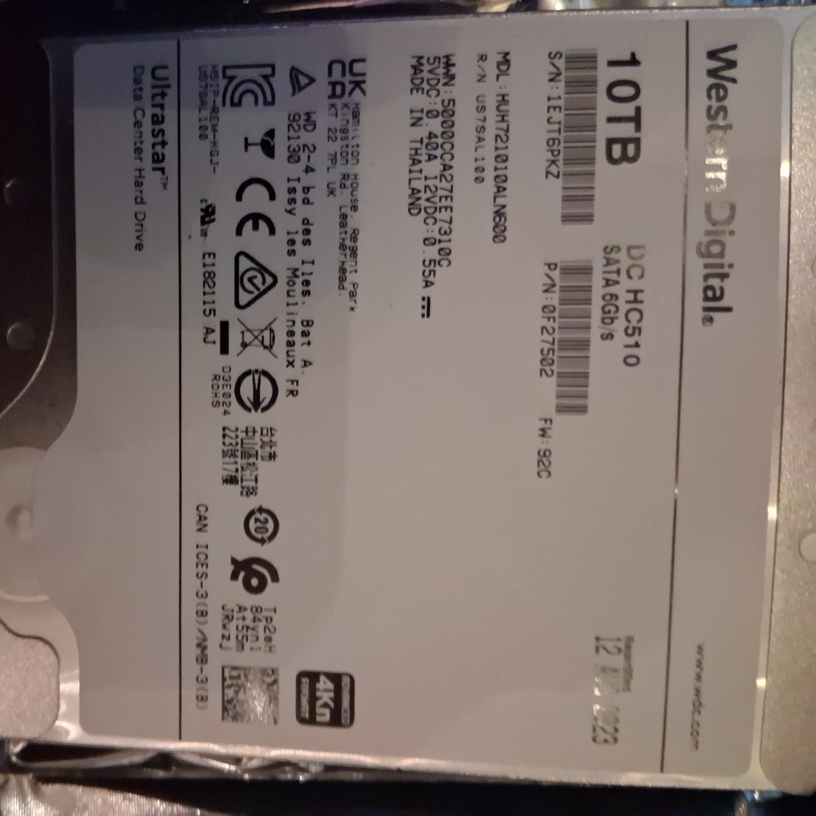 Western Digital HUH721010AL5201 10TB 7.2K 12Gbps 3.5″ SAS HDD Hard Drive 0F27353