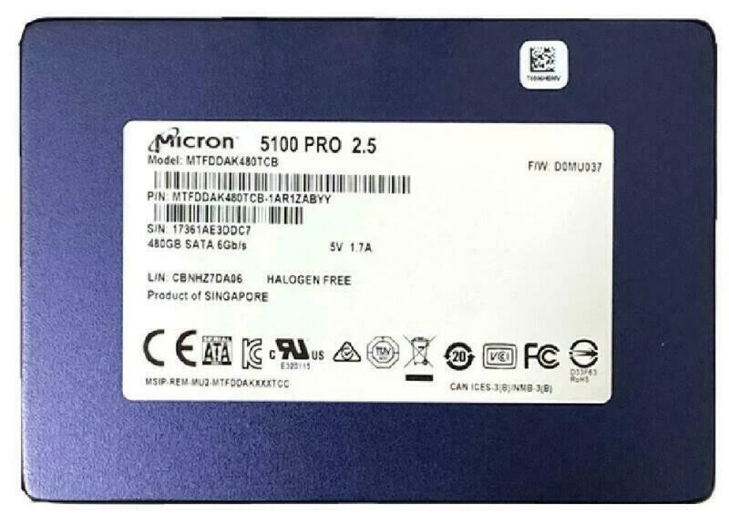 480GB Micron 5100 PRO SSD SATA 3 6G 2.5″ Server Data MTFDDAK480TCB-1AR1ZABCB