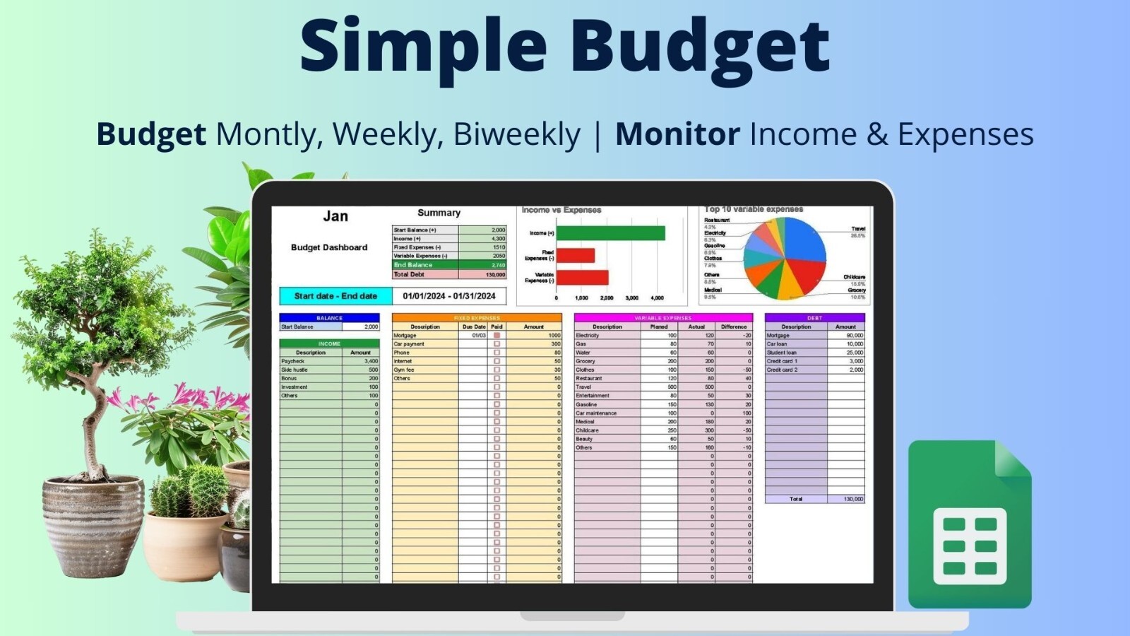 Family Budget Sheets for MS Excel with StartKit. Easy to Use