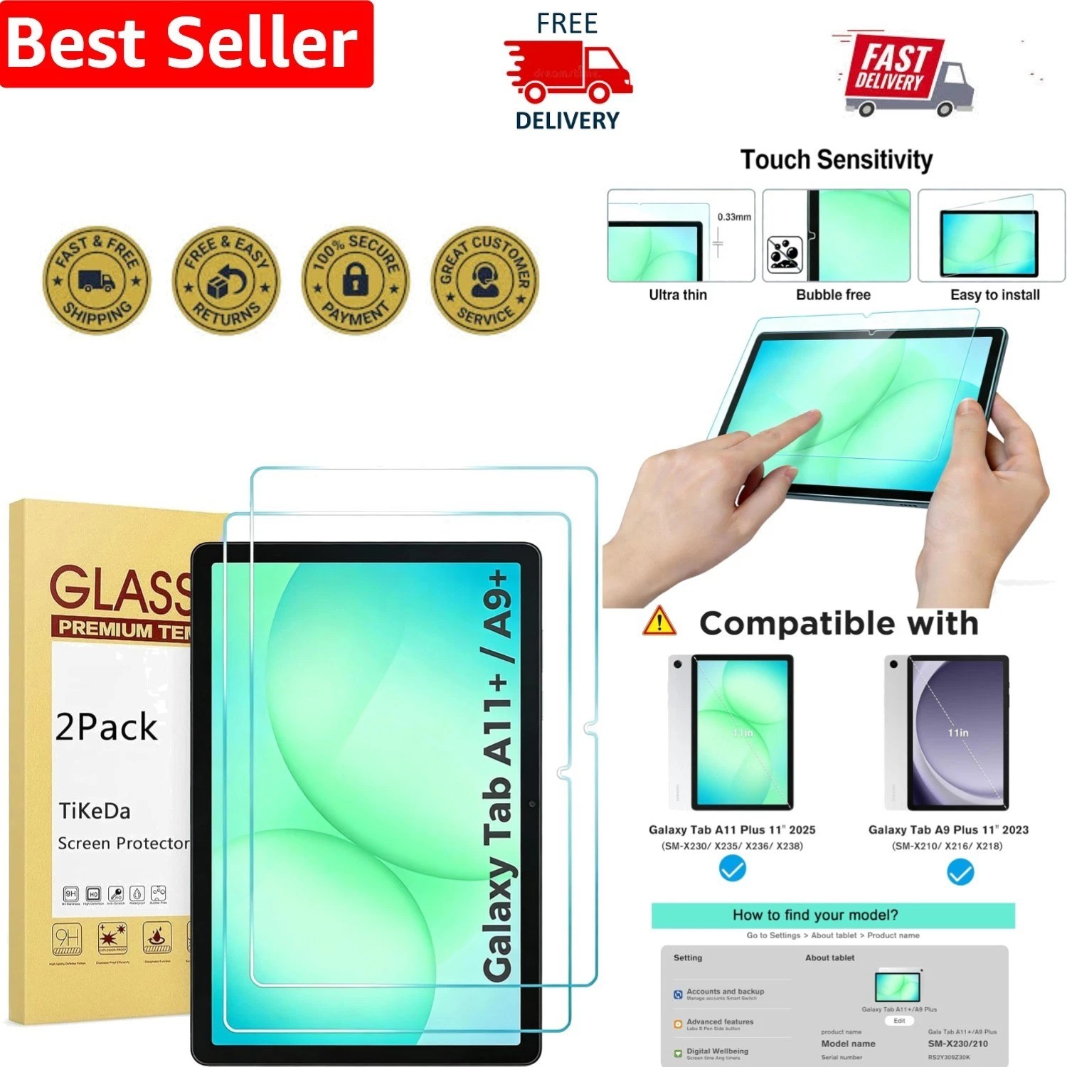 2 Pack Tempered Glass Screen Protector for Galaxy Tab A11/A9 Plus – 9H Toughness