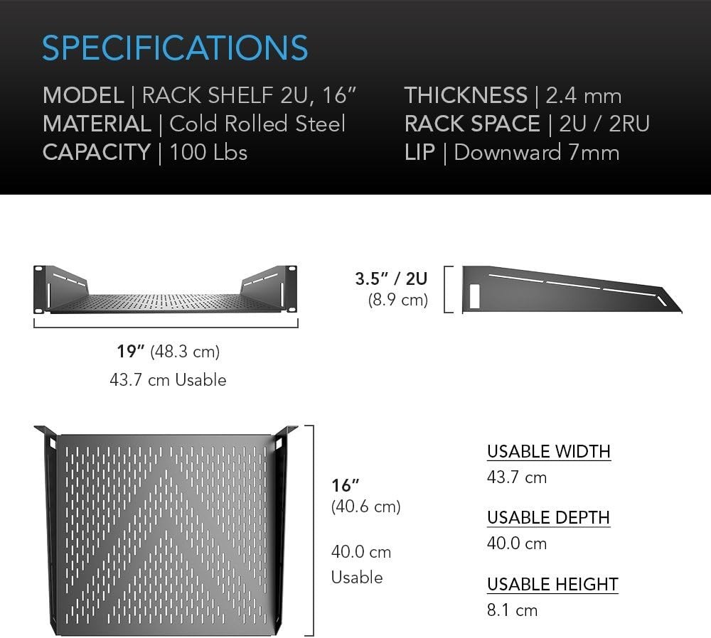 Vented Cantilever 2U Universal Rack Shelf, 40cm Deep | Designed for 19” Equip…