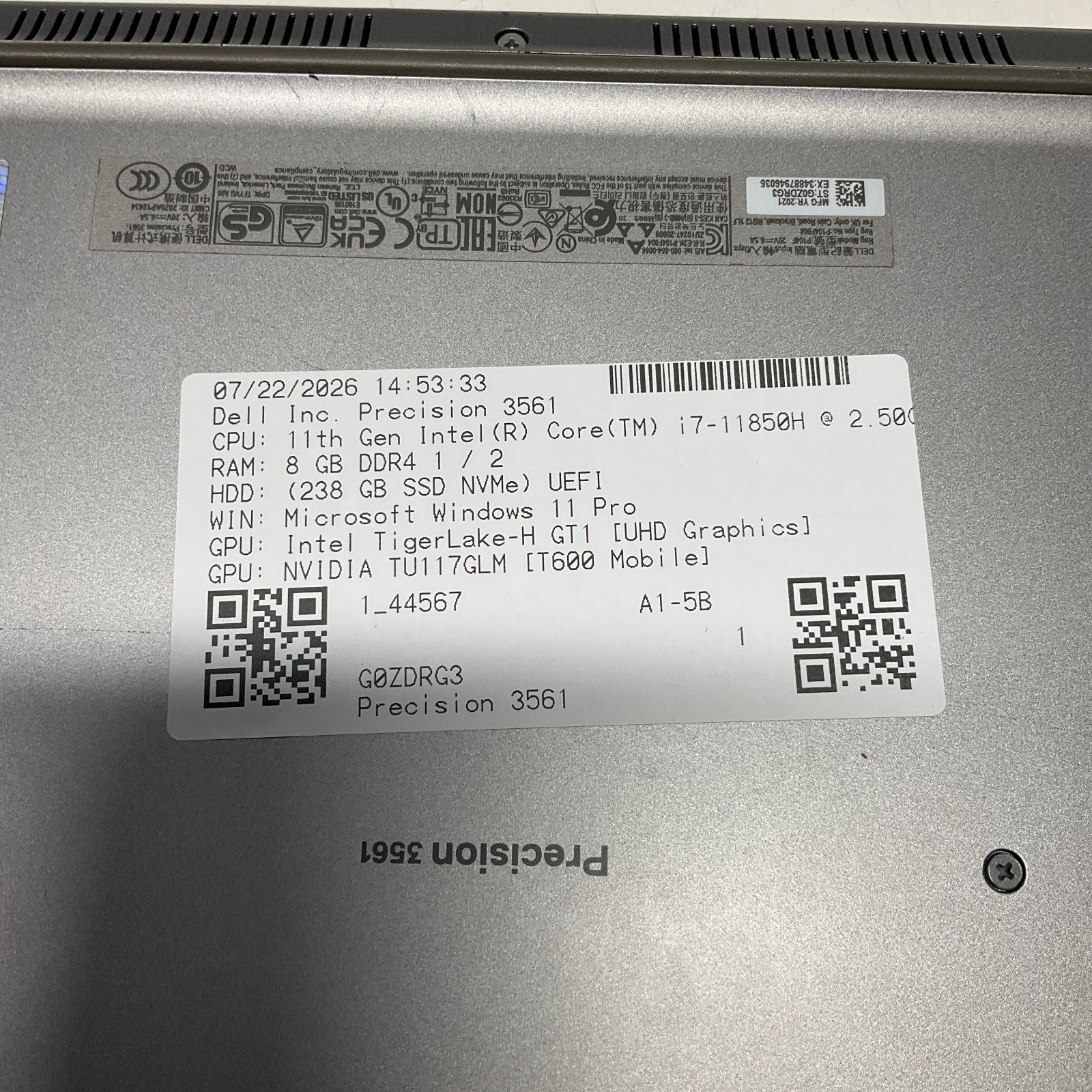 Dell Precision 3561 15.6″ i7-11850H @ 2.5GHz 8GB RAM 256GB SSD T600 Win 11 Pro