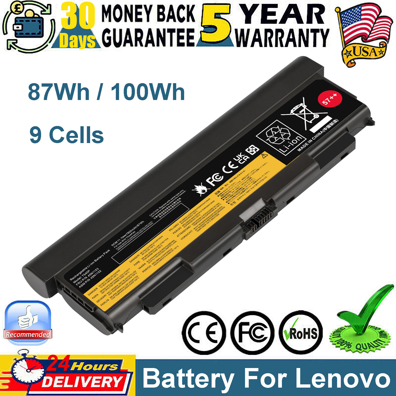 9 cells Battery for Lenovo ThinkPad T440P T540P W540 W541 L440 L540 45N1152 57++