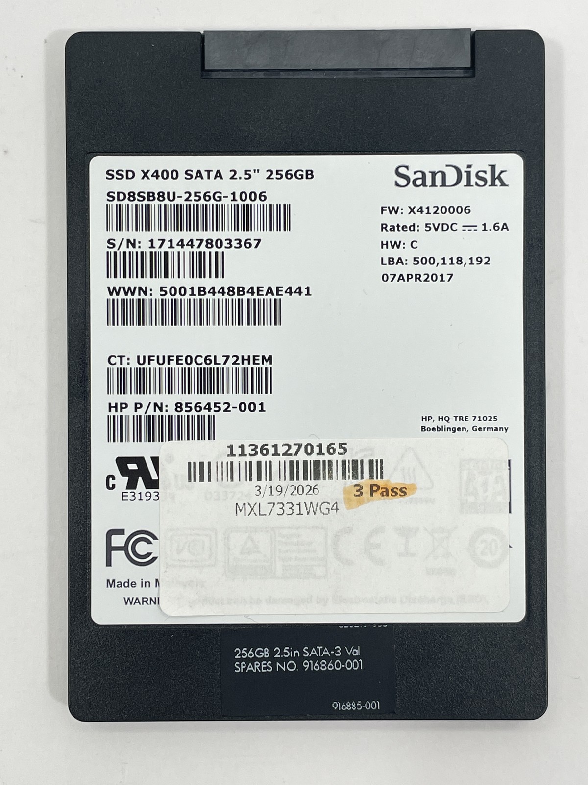 SanDisk SSD X400 SATA 2.5″ 256GB Solid State Drive SD8SB8U-256G-1006 856452-001