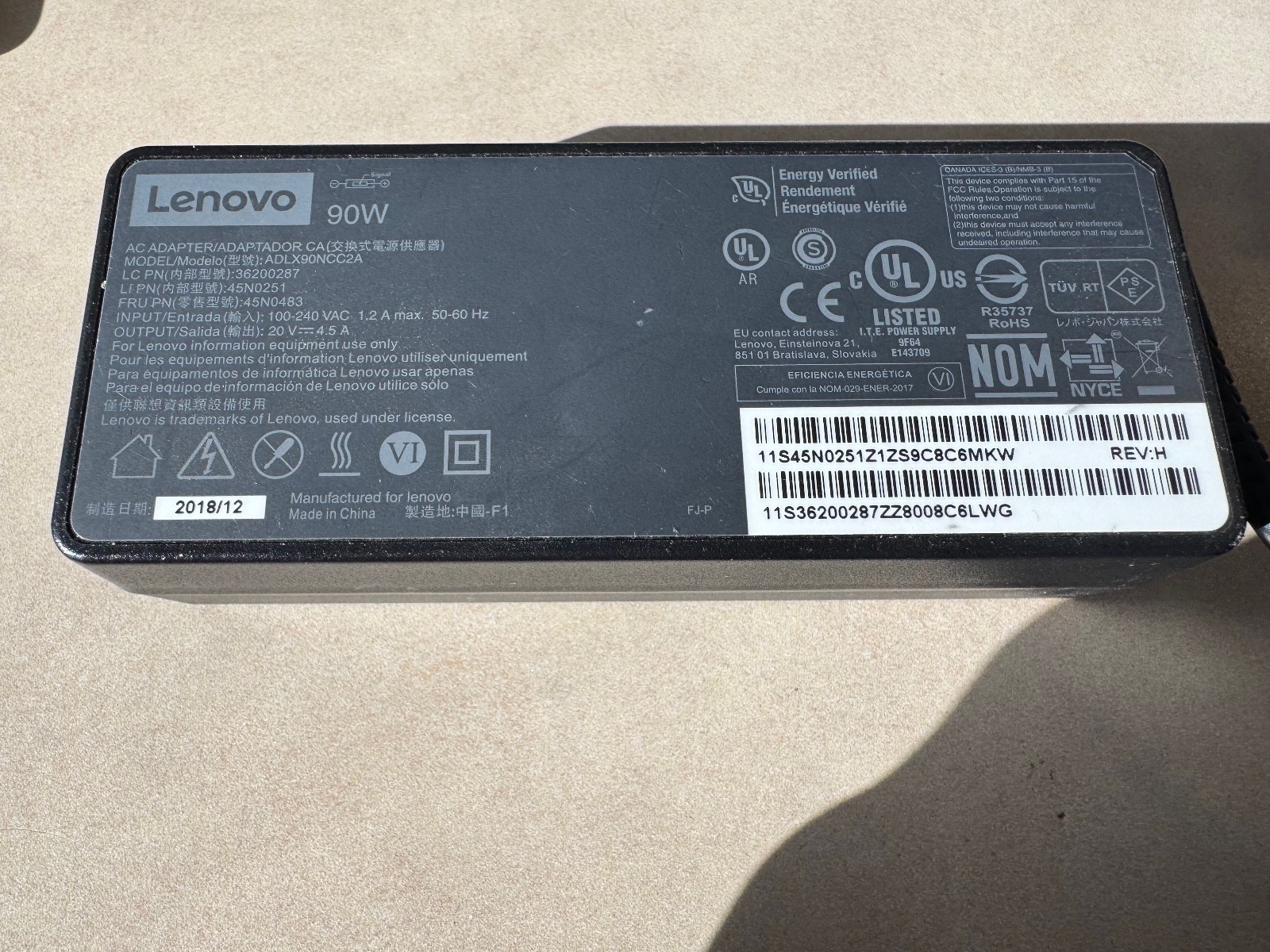 Lot of 5 Lenovo adlx90nlc2a 90W 20V 4.5A Yellow Square Tip AC Adapters w/ cords