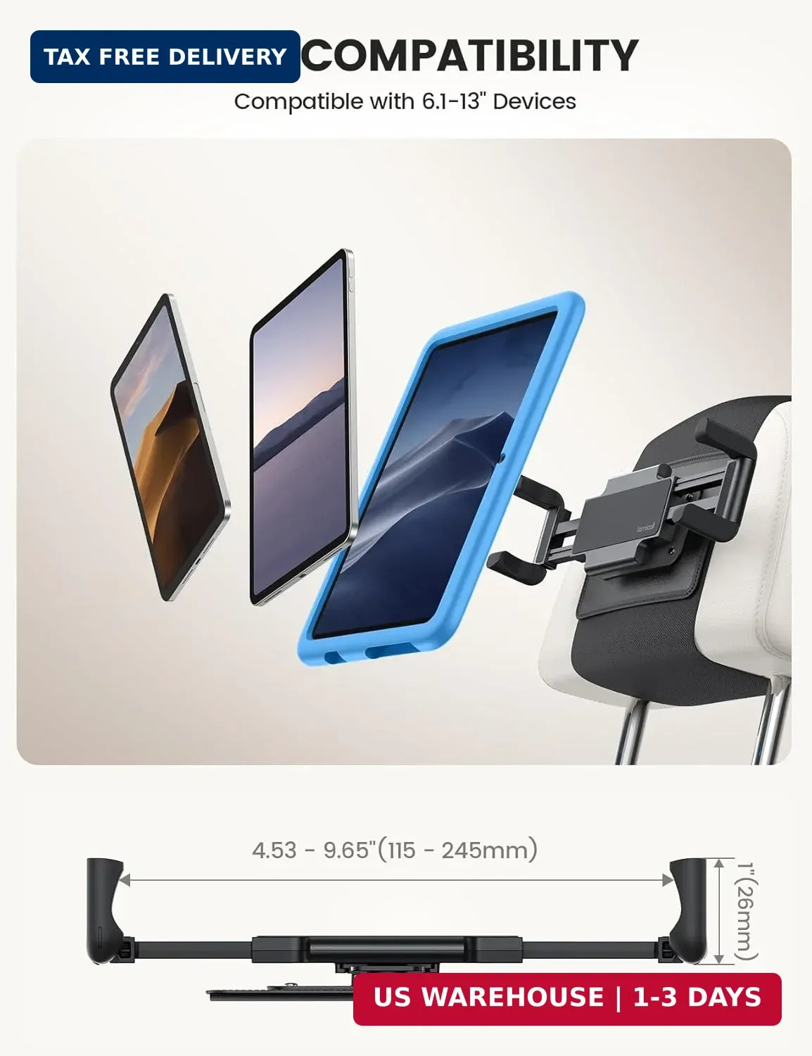 Lamicall Tablet Holder for Car Headrest – [Thick Case Friendly] [360° Rotation]