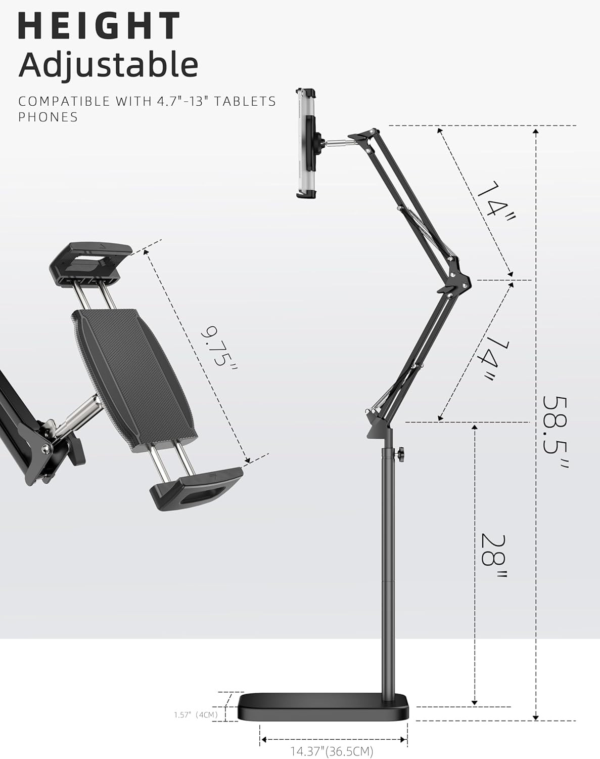 Tablet Floor Stand with 11Lb Stable Base – Adjustable Height Stretchable Arm Swi