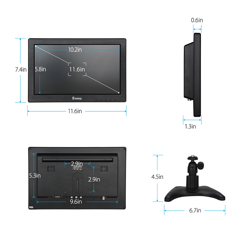 Eyoyo 12″ TFT LCD Monitor with AV BNC HDMI VGA Input 1366×768 for PC CCTV Game