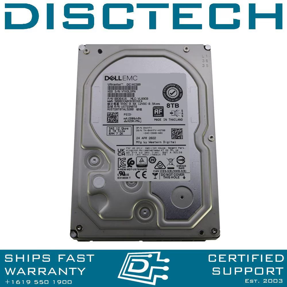 Hitachi 8TB 7200rpm SAS HDD HUS728T8TAL5200 Dell 44YFV / He8 0B36416