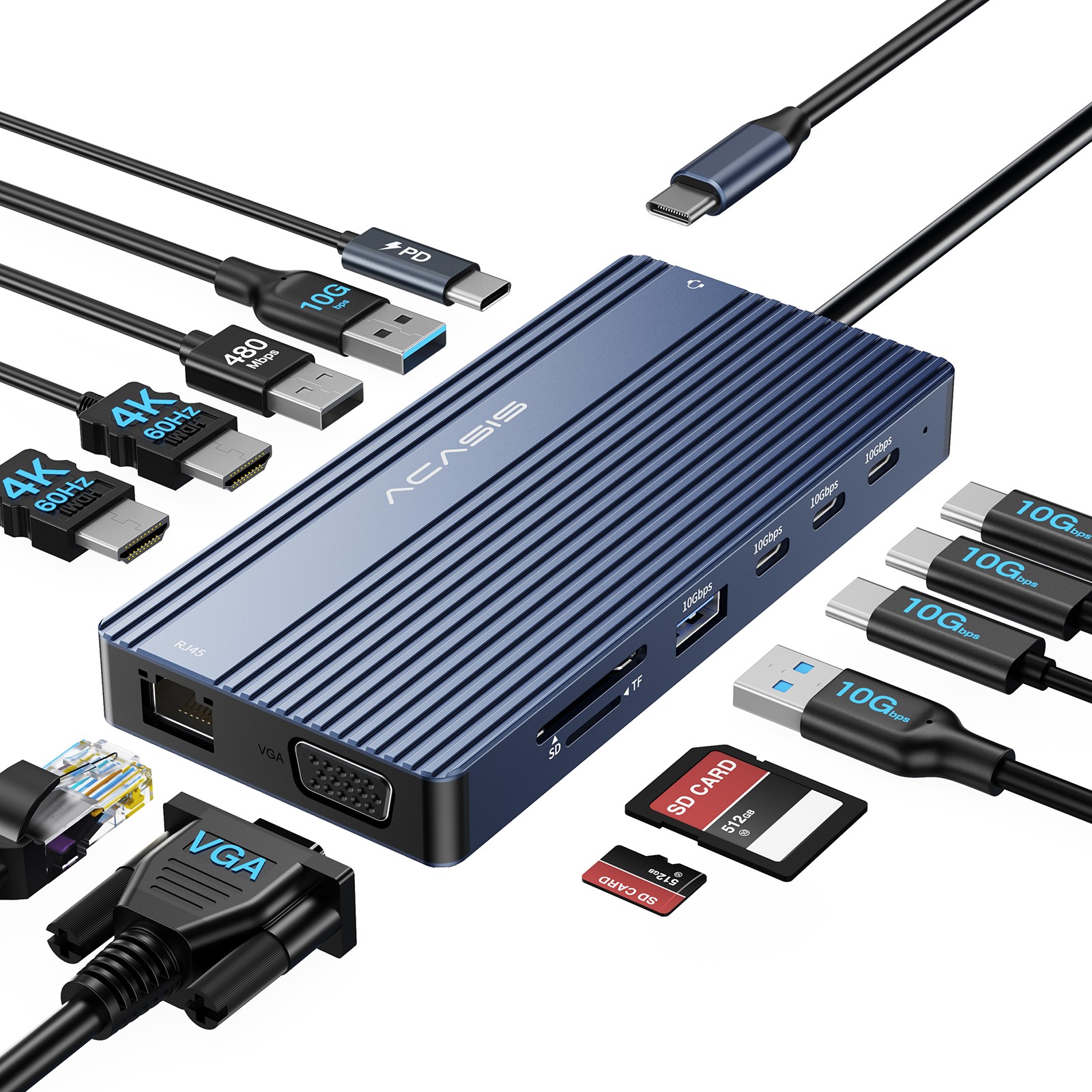 ACASIS 14-in-1 USB C Docking Station Triple Display Dual HDMI VGA RJ45 PD100W