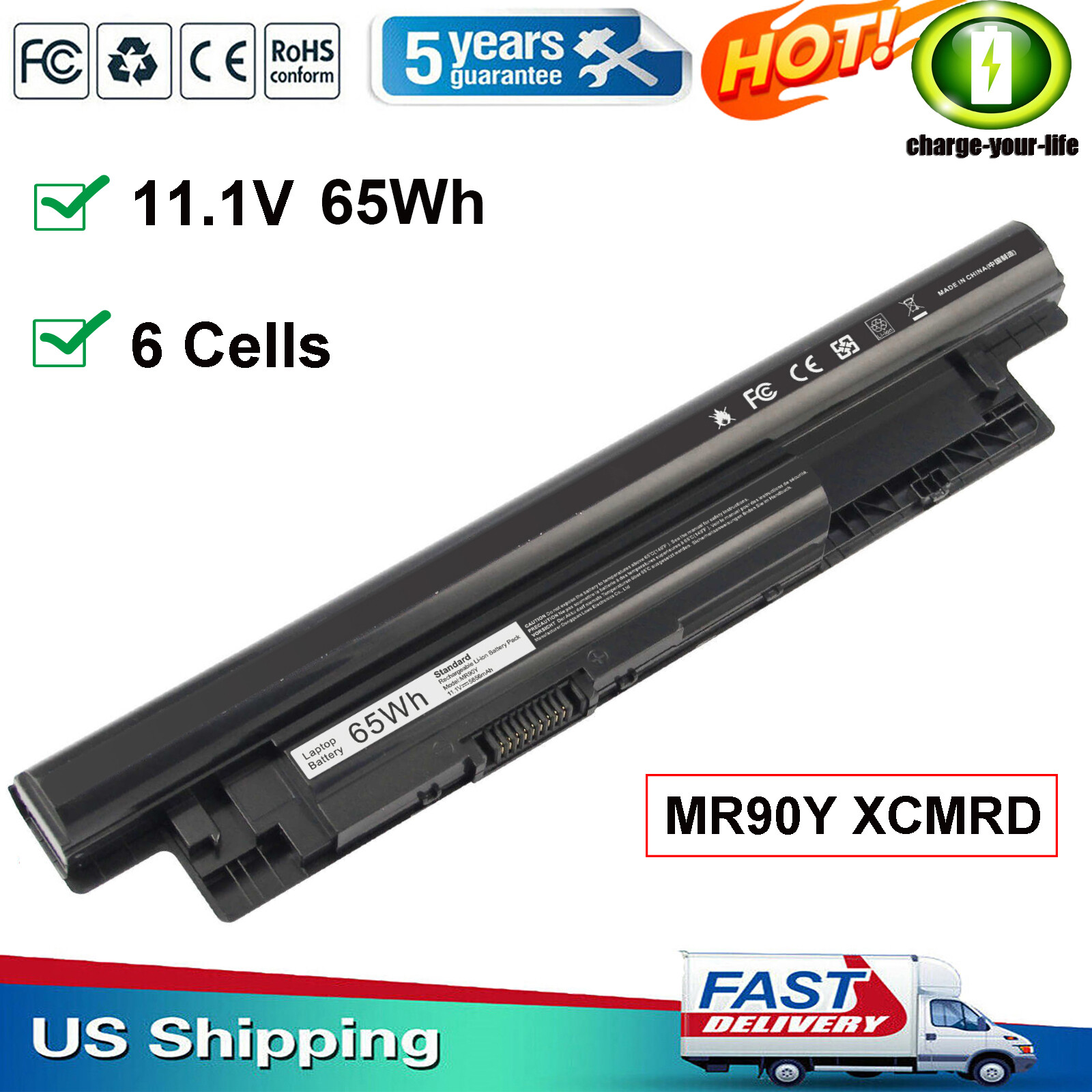 65Wh XCMRD MR90Y Battery For Dell Inspiron 3421 5421 15-3521 5521 3721 VR7HM US
