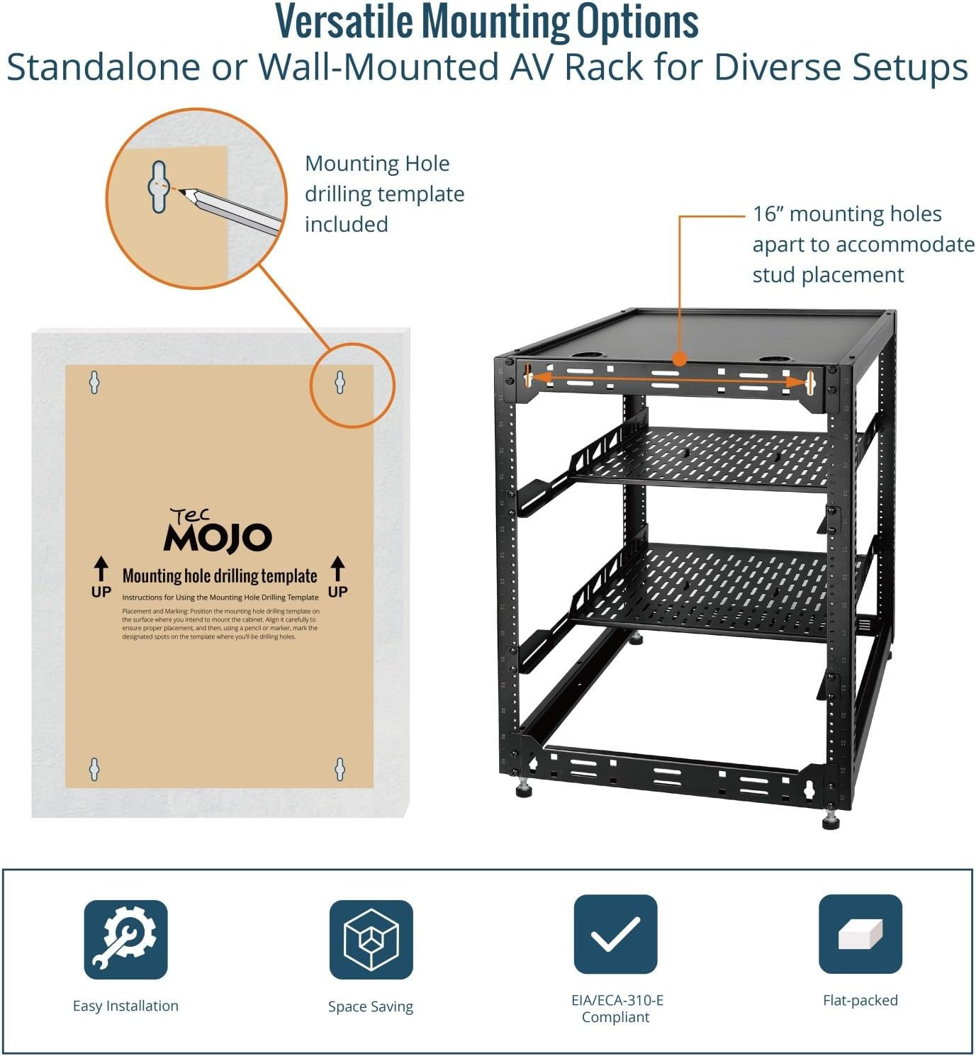 16U Open Frame Network Rack for IT & AV Gear, AV Rack Floor Standing or Wall Mou