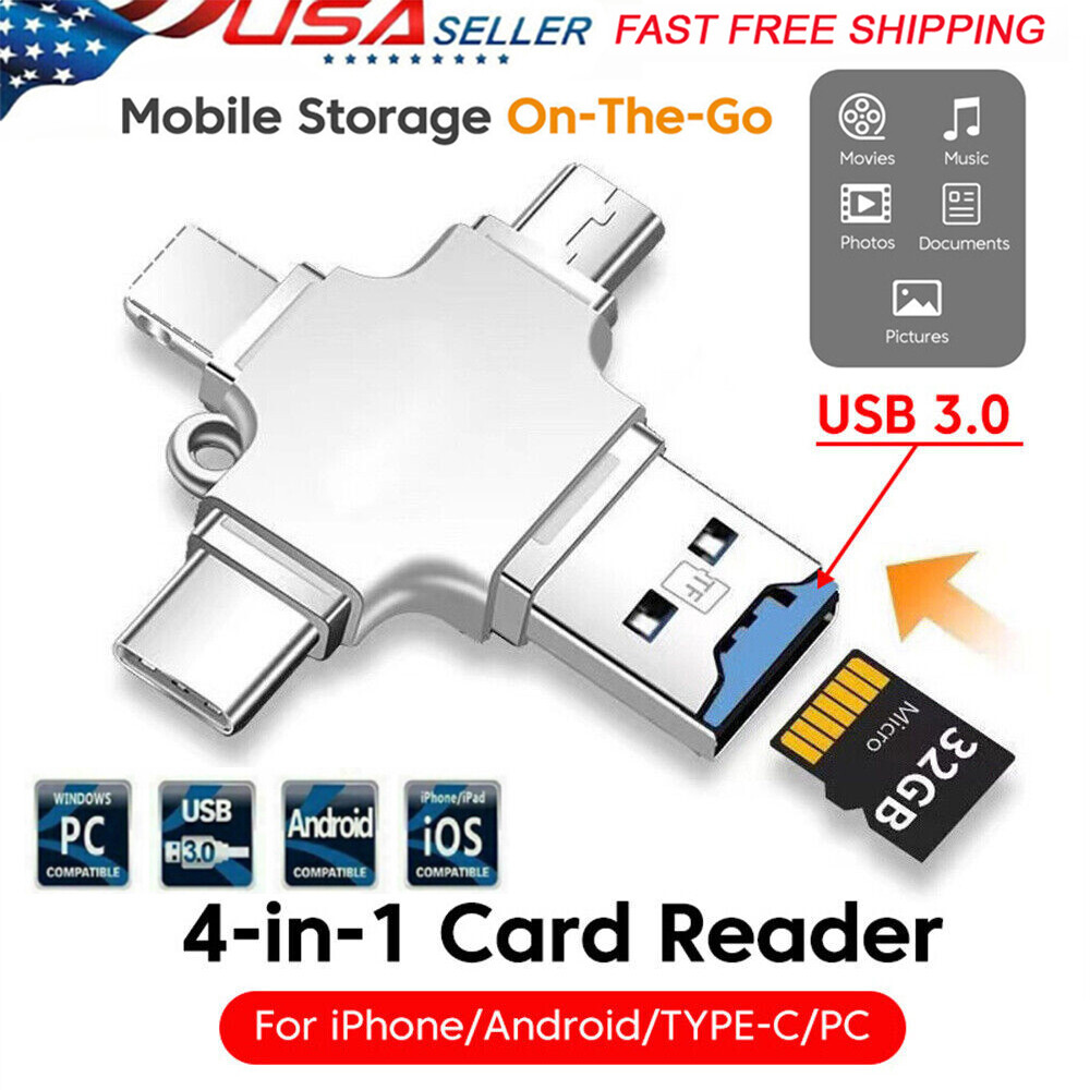 4 In 1 iOS Micro USB Type-C Micro TF Card Reader OTG for Android iPhone PC New🎯