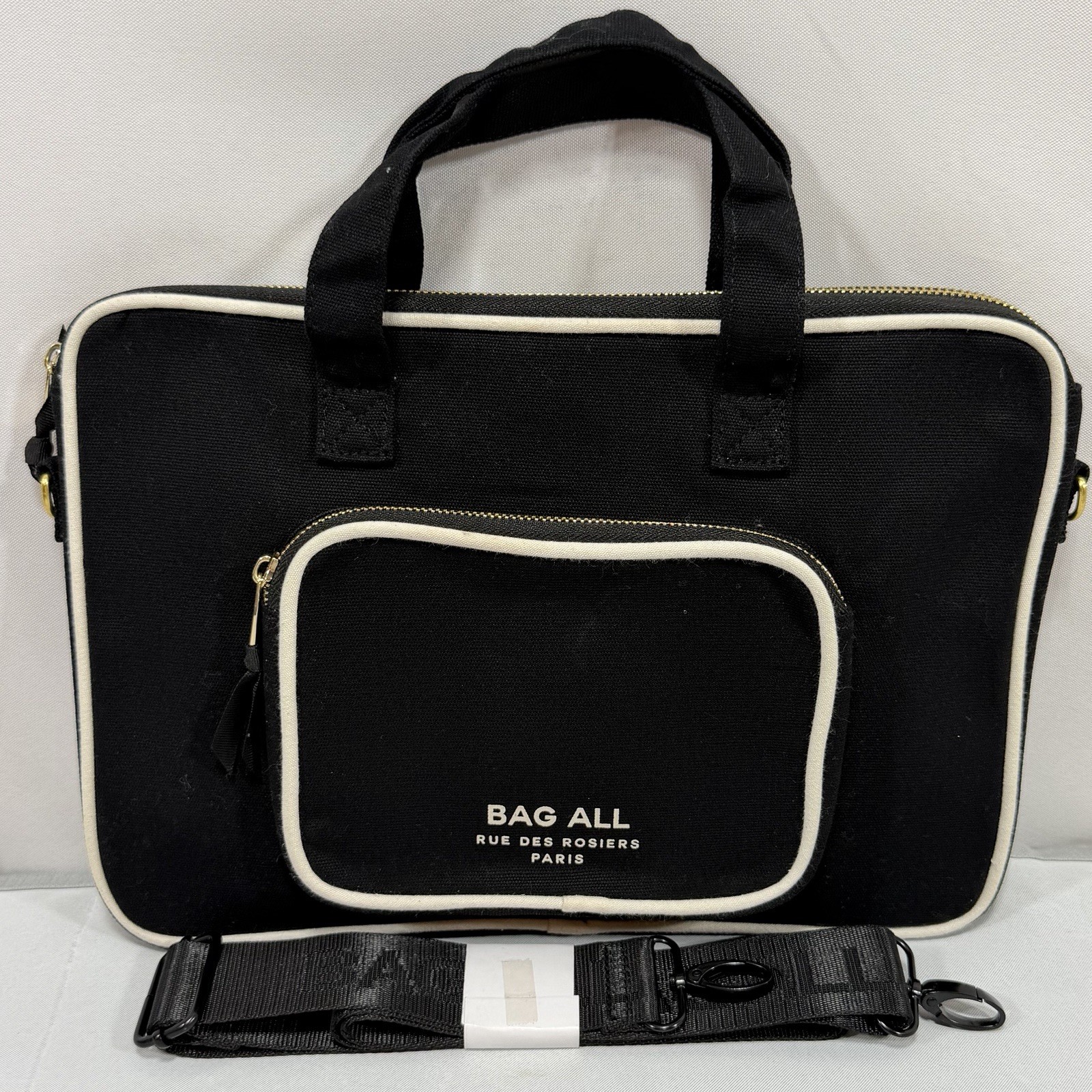 Canvas Designer Laptop Case Tote Bag Black Striped Interior Crossbody Strap Incl