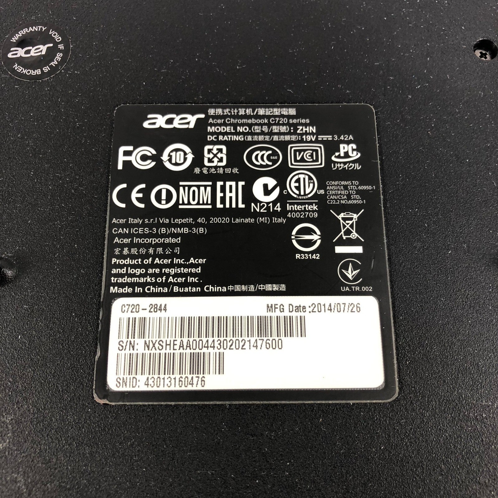 Acer Chromebook C720-2844 11.6 inch Laptop Granite Gray C720 Series ZHN