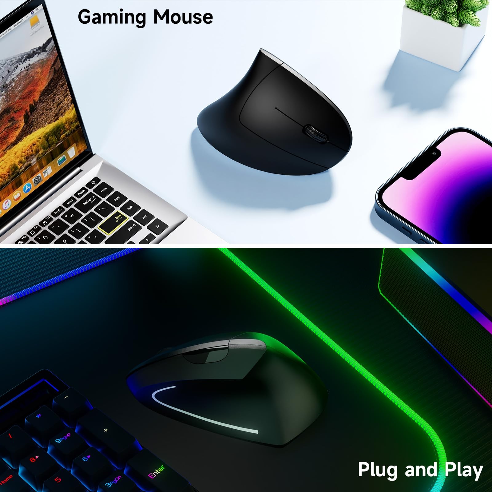 Ergonomic Vertical Wireless Mouse Rechargeable 800/1200/1600 DPI Mice Black