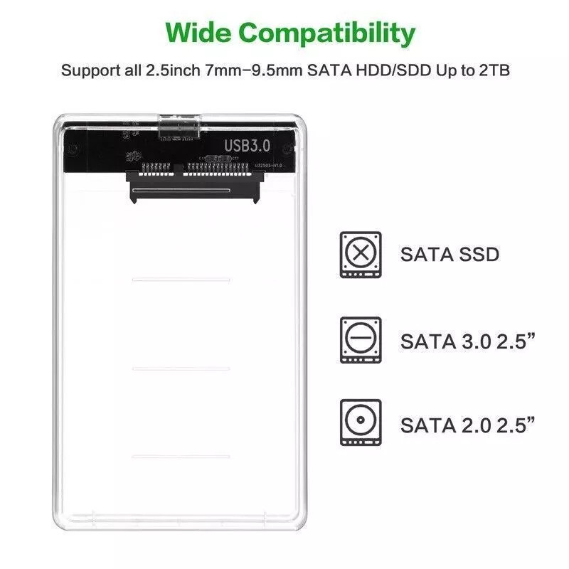 Hard Drive Enclosure 2.5 Inch USB 3.0 SATA Case External Clear Caddy HDD SSD