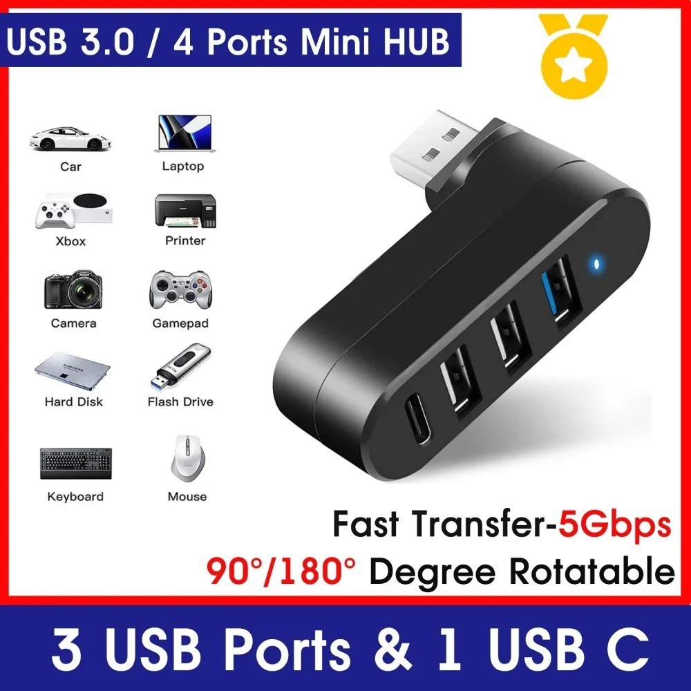USB 3.0 Hub 3/4 Port High Speed Data Splitter Rotatable Adapter PC Laptop MacBok
