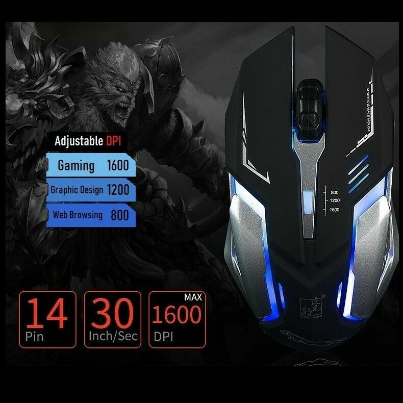 Gaming Mouse LED Breathing Fire 4 Button Silent USB Wired 1600 DPI Laptop PC USA