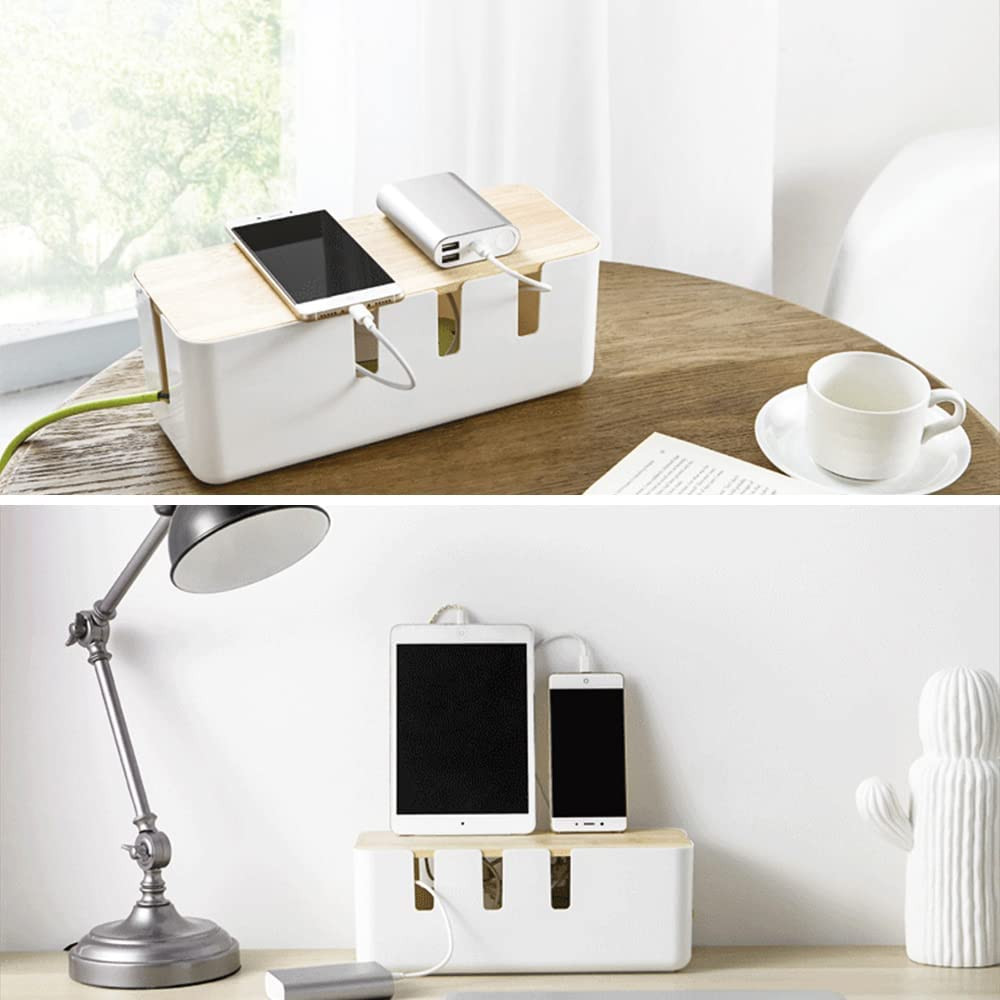 Cable Management Box Wood Lid 12x5x4.5in Wire Cord Organizer for Desk TV PC