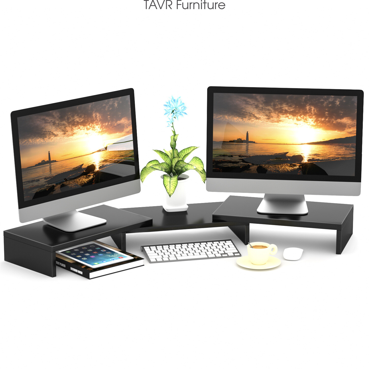 Wood Dual Monitor Stand Risers With Length And Angle Adjustable Three Shelf