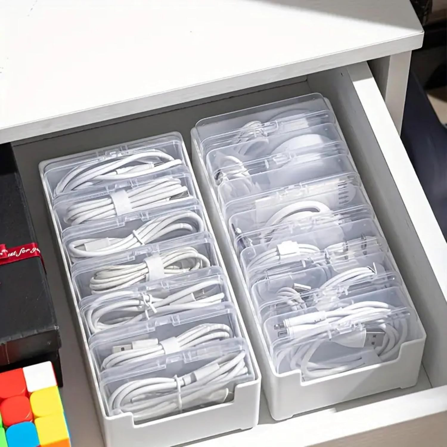 2 Pack Cable Organizer Box with Compartments Desktop Cord Storage Case