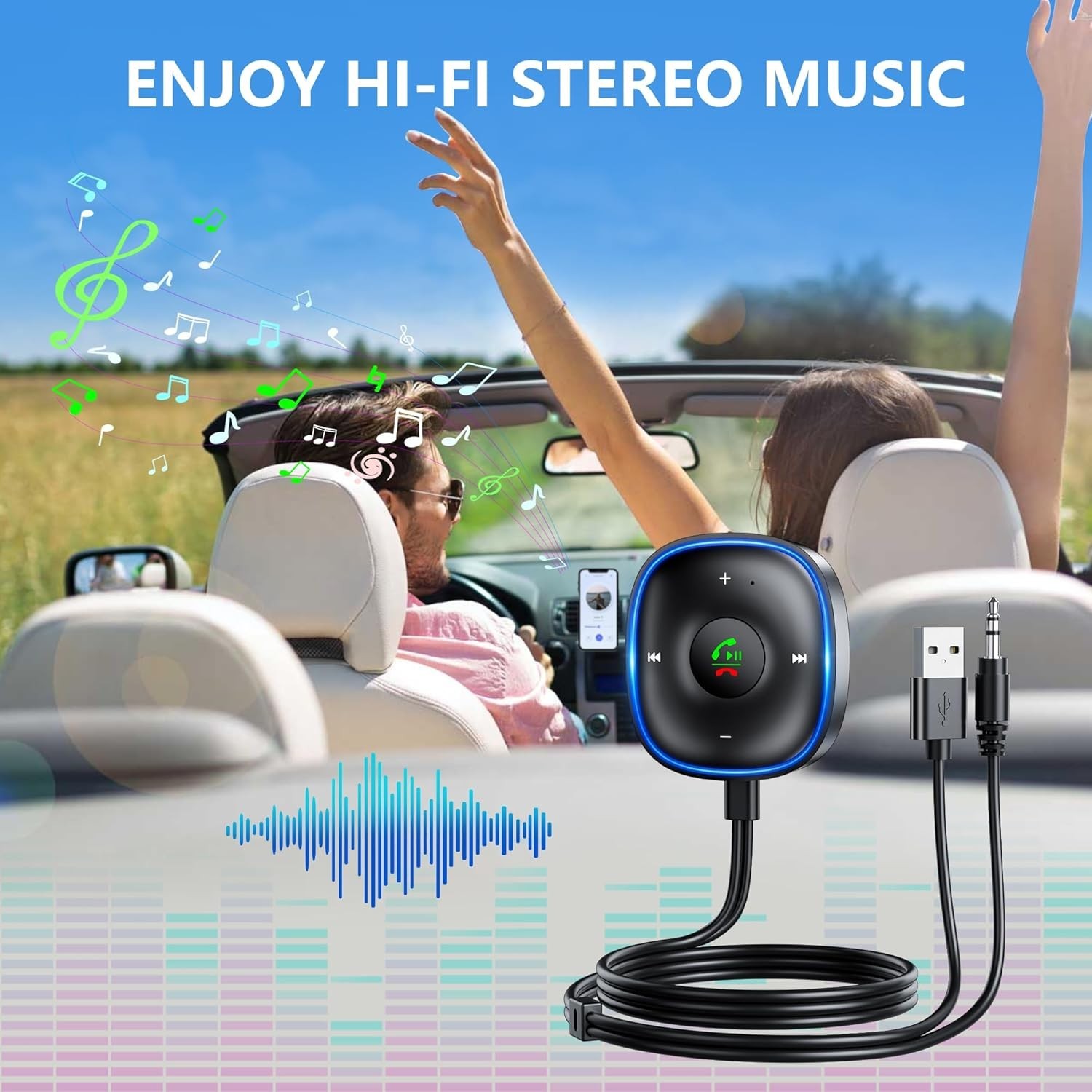 Compact Bluetooth Receiver for Car – Plug-and-Play with Dual Device Connectivity