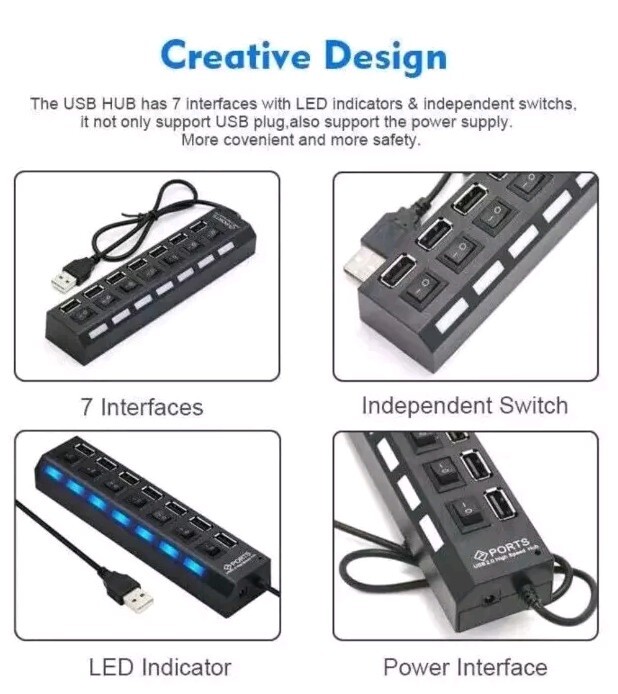 7 Port USB 2.0 / 3.0 Hub Splitter Adapter High Speed for PC Laptop Mac Desktop