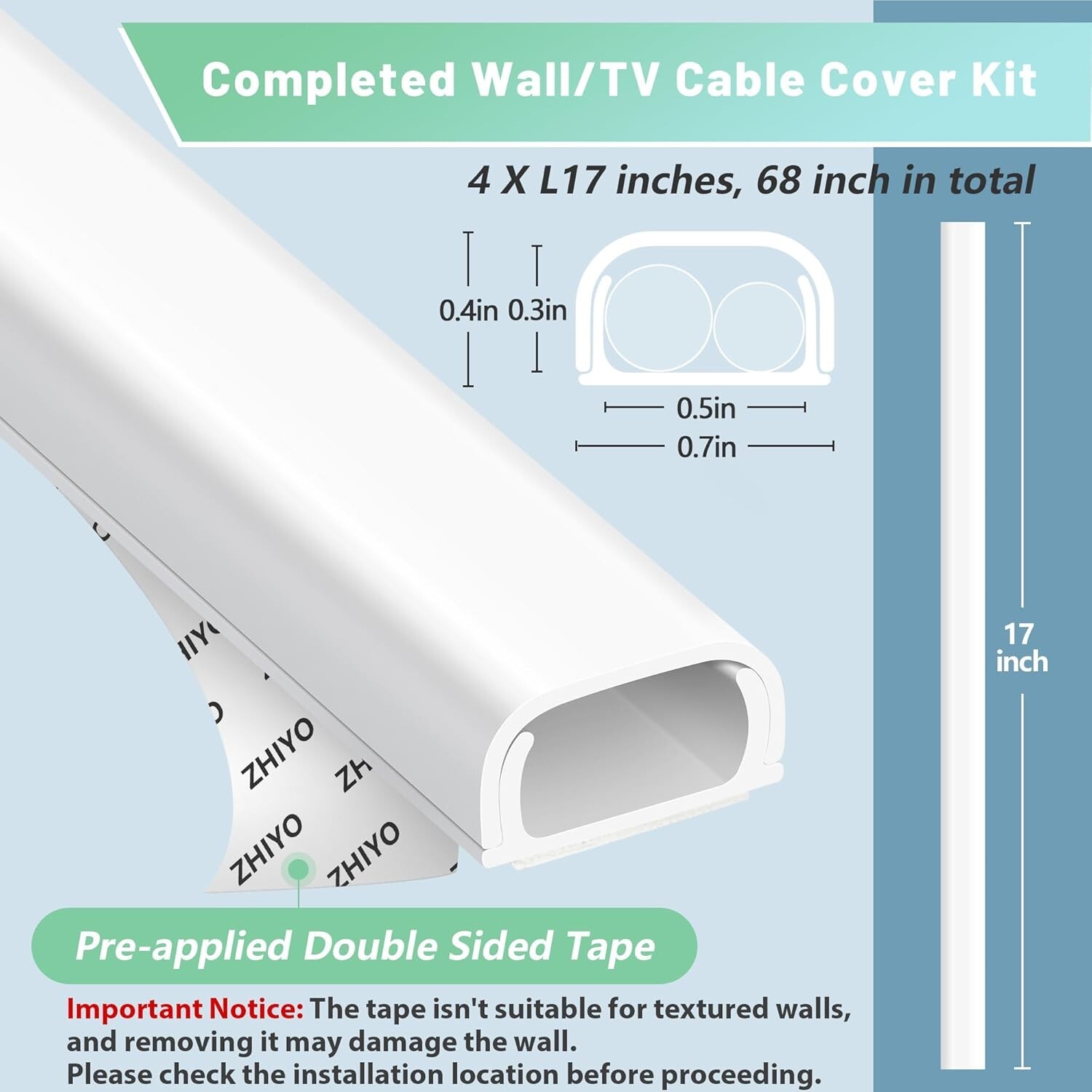 68in 4X17″ L Wire Covers for 2 Cords Ethernet Cable, Speaker Wire 0.7″W x 0.4″ H